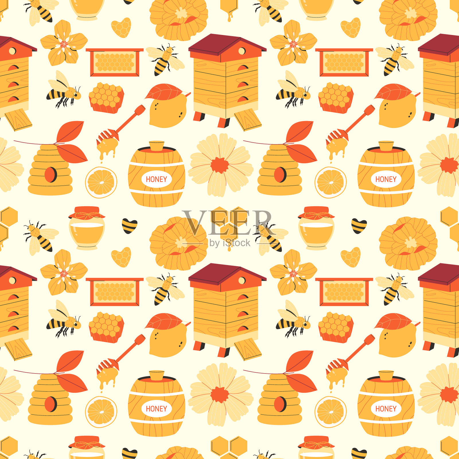 养蜂无缝图案在浅色背景。蜂蜜的背景插画图片素材