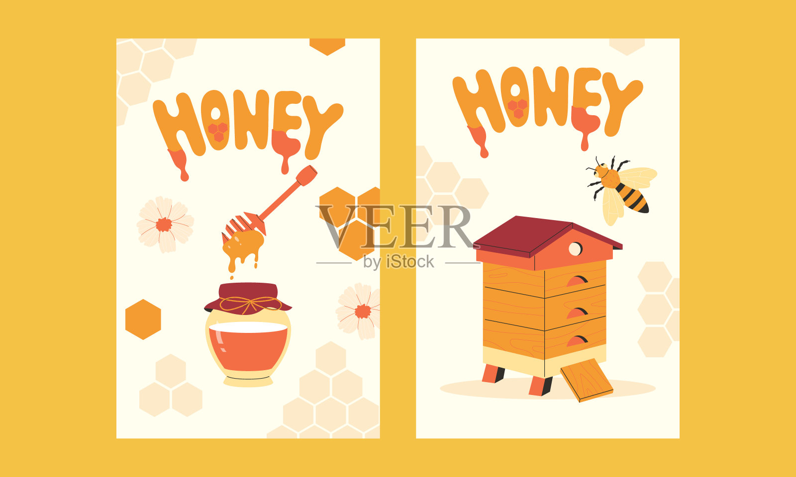 一套可爱的明信片。手绘海报平面风格插画图片素材