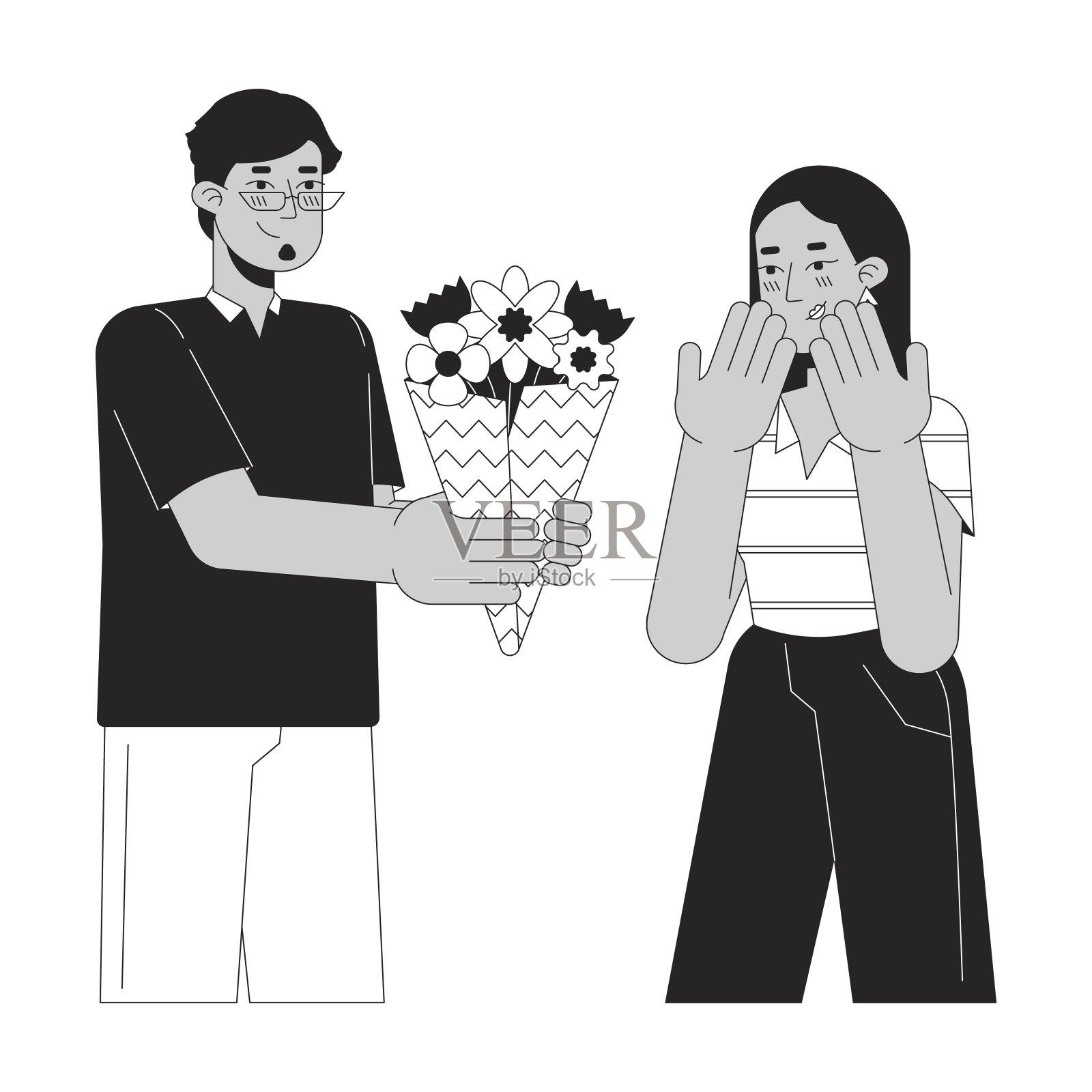 男友送花束给女友黑白卡通平面插画插画图片素材