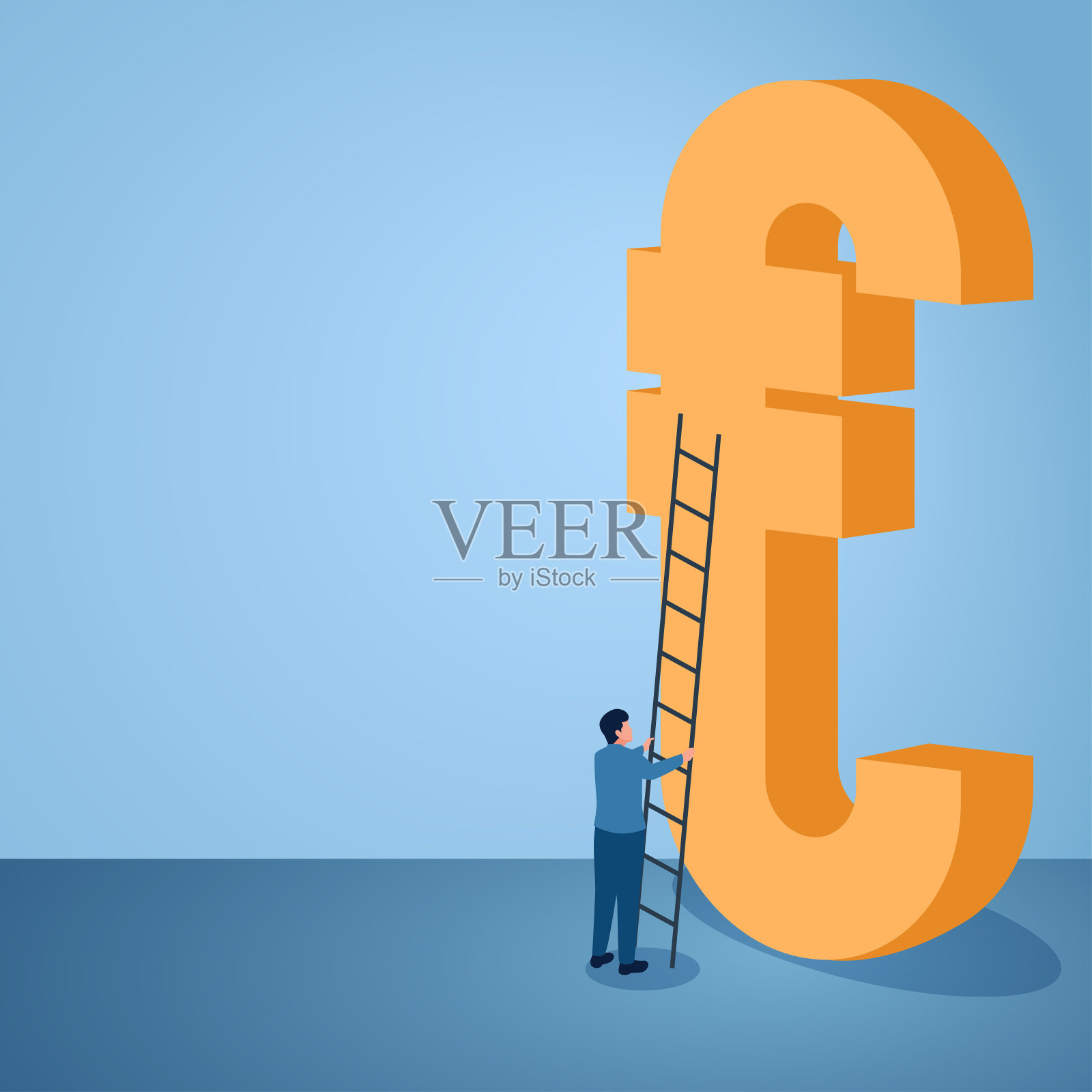 一名男子将梯子靠在高高的欧元符号上，这是欧元通胀的一个例证。插画图片素材