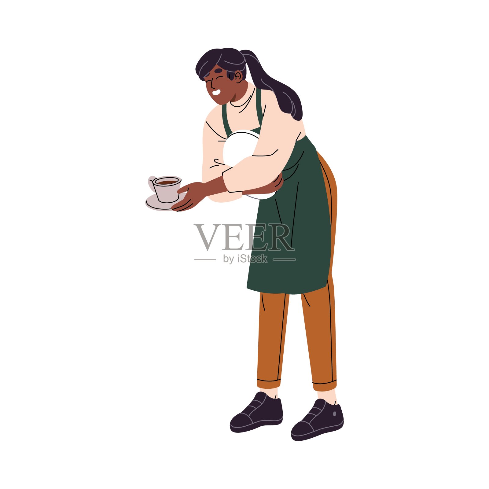 快乐的服务员微笑着为顾客服务。女孩带来订单，给顾客一杯咖啡。围裙里的咖啡馆工作人员拿着热饮和托盘。平面隔离矢量插图上的白色插画图片素材