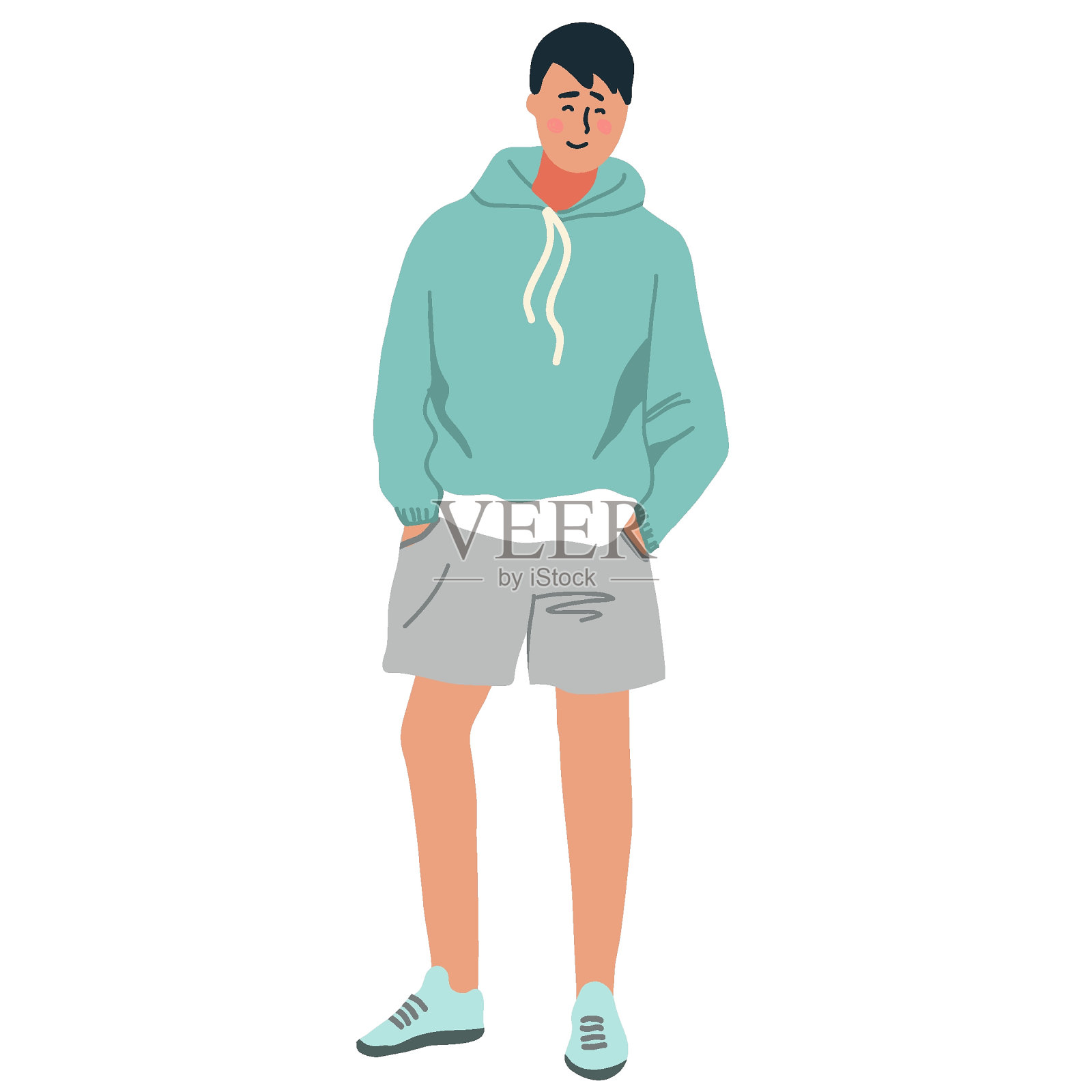 那个穿着连帽衫的年轻人。双手放在口袋上。平面矢量插图隔离在白色背景插画图片素材