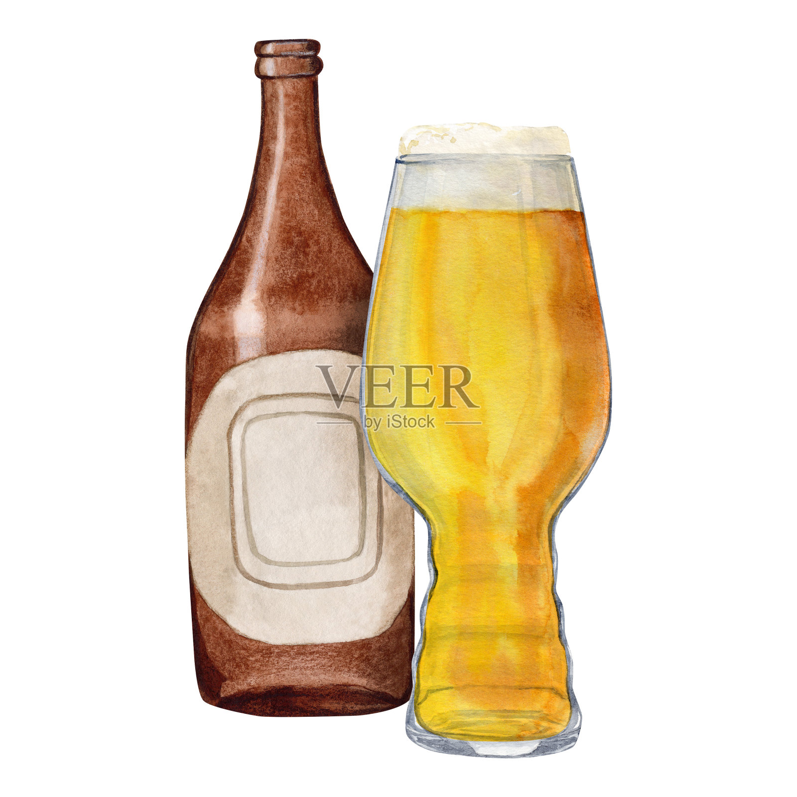 用啤酒瓶与形状的啤酒杯组成。水彩插图插画图片素材