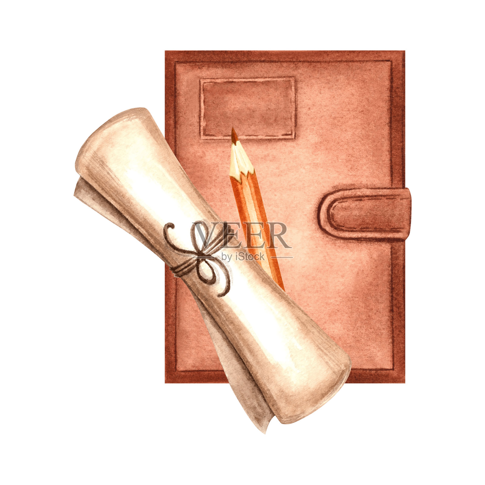 笔记本上有铅笔和莎草纸。用旧羊皮纸和日记本写作文。手绘水彩插图孤立。写作的供应。模板卡片，贴纸，网站。插画图片素材