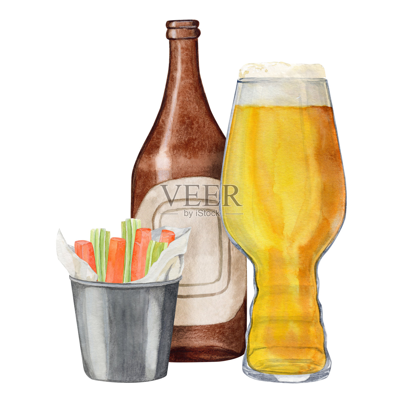 用啤酒形玻璃杯、空瓶子和零食桶组成胡萝卜和芹菜。水彩插图插画图片素材
