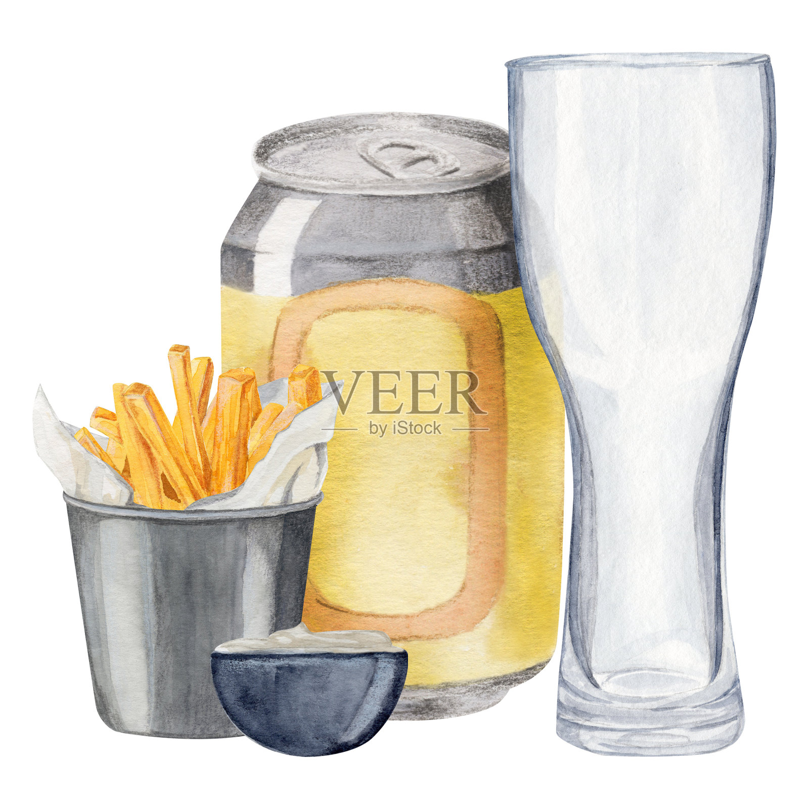 由装啤酒的啤酒罐和装薯条和酱汁的零食桶组成插画图片素材