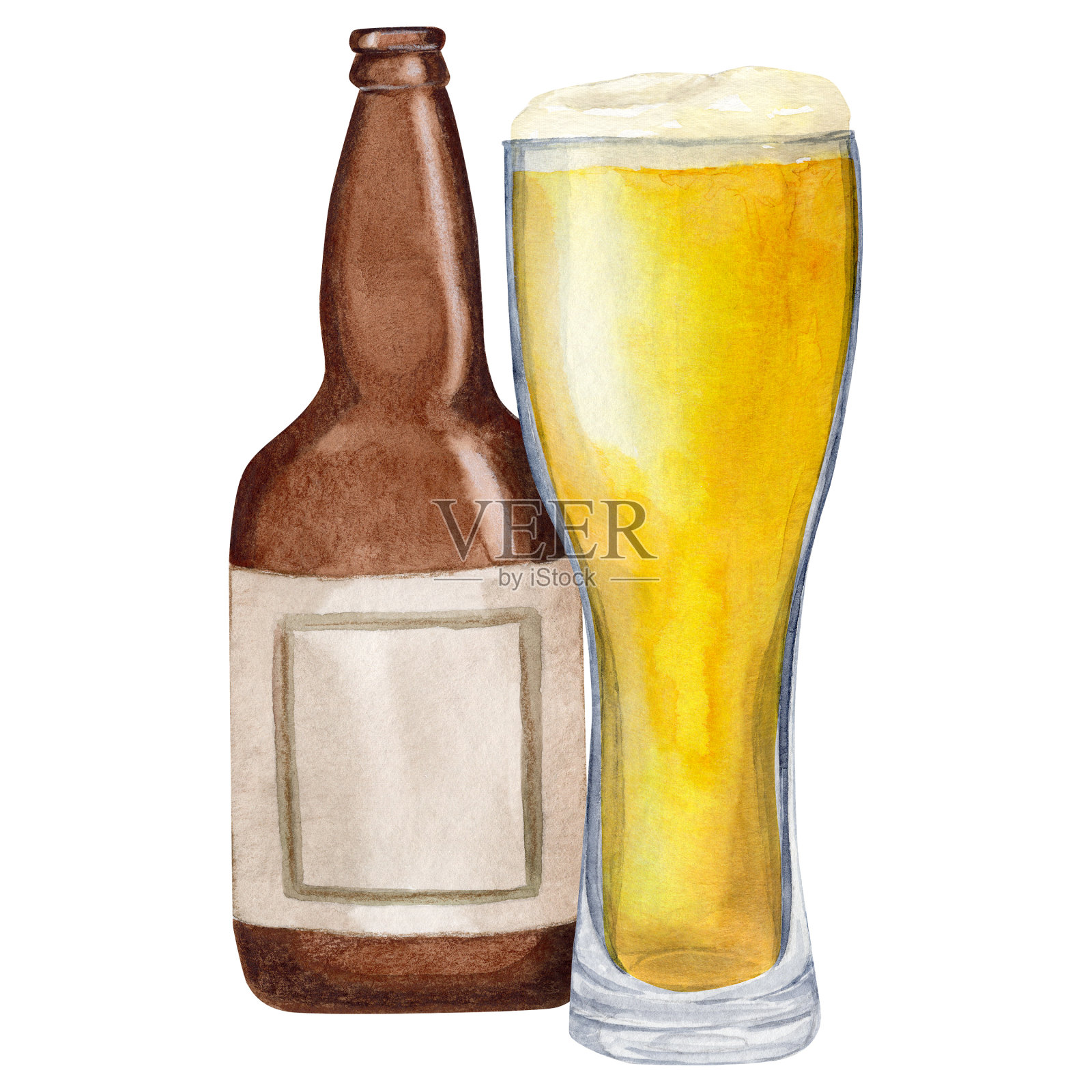 用啤酒瓶与形状的啤酒杯组成。水彩插图插画图片素材