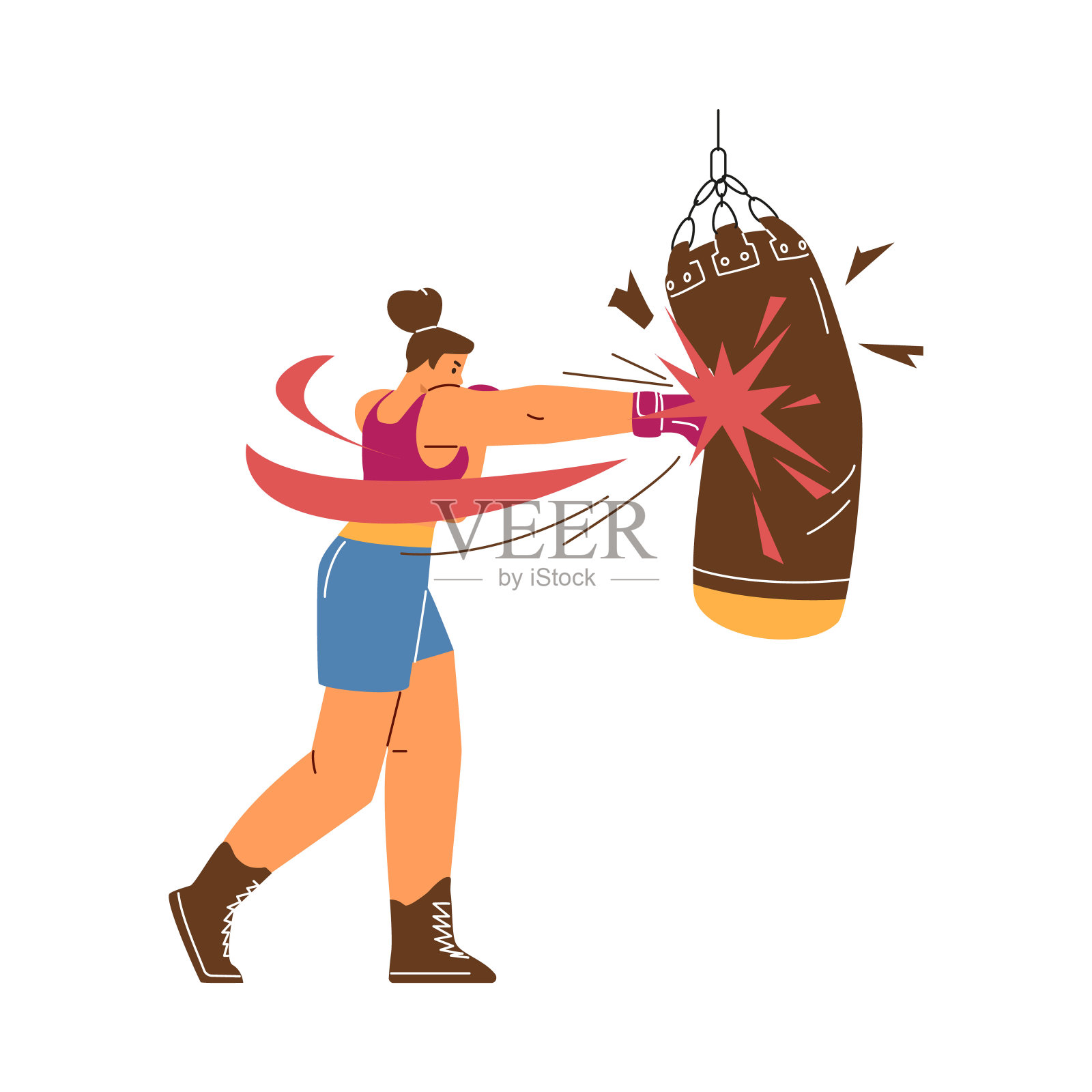 矢量插图的女性拳击手谁训练手套与沙袋。插画图片素材