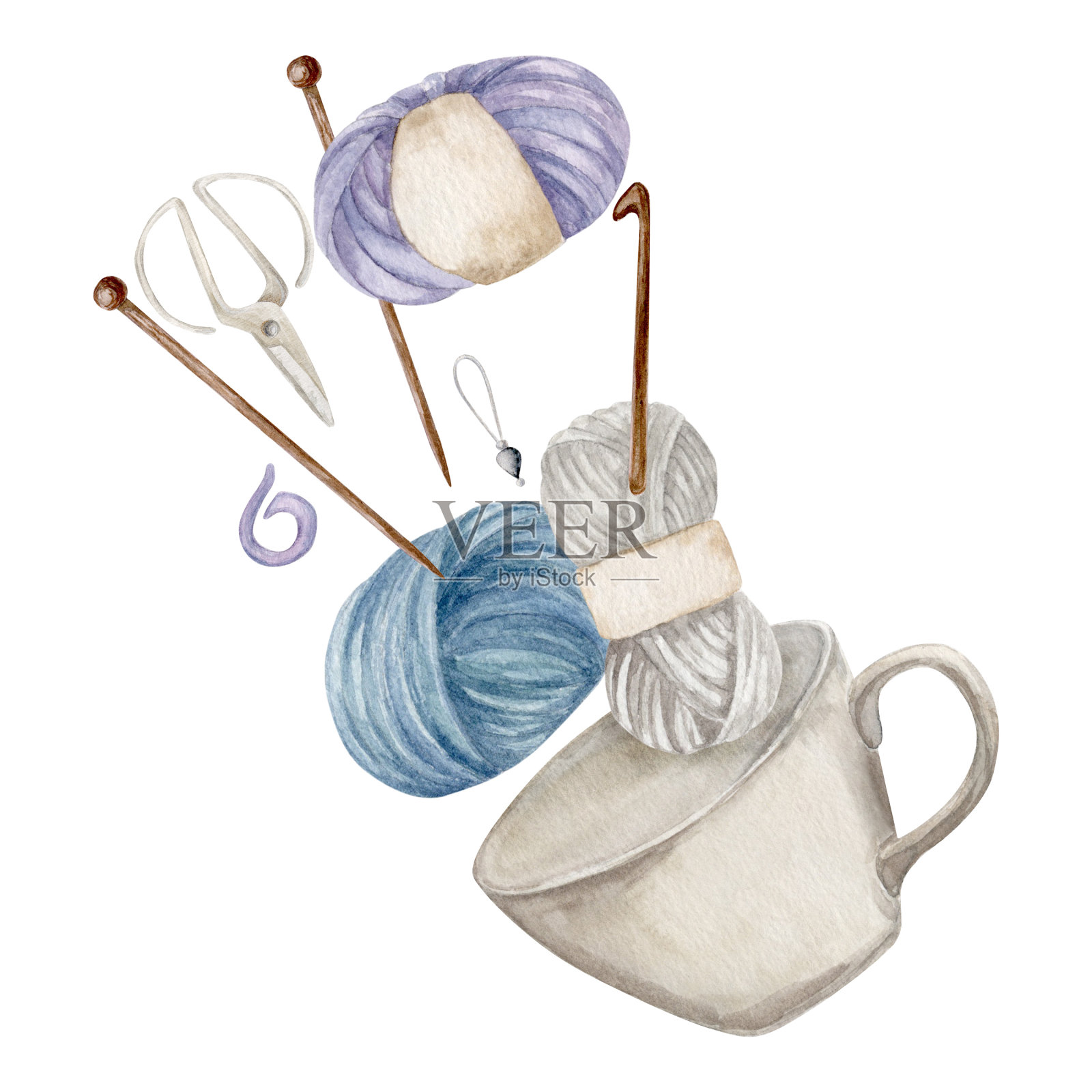 由杯子、纱线球、单尖针、钩针、针迹标记和剪刀组成。插画图片素材