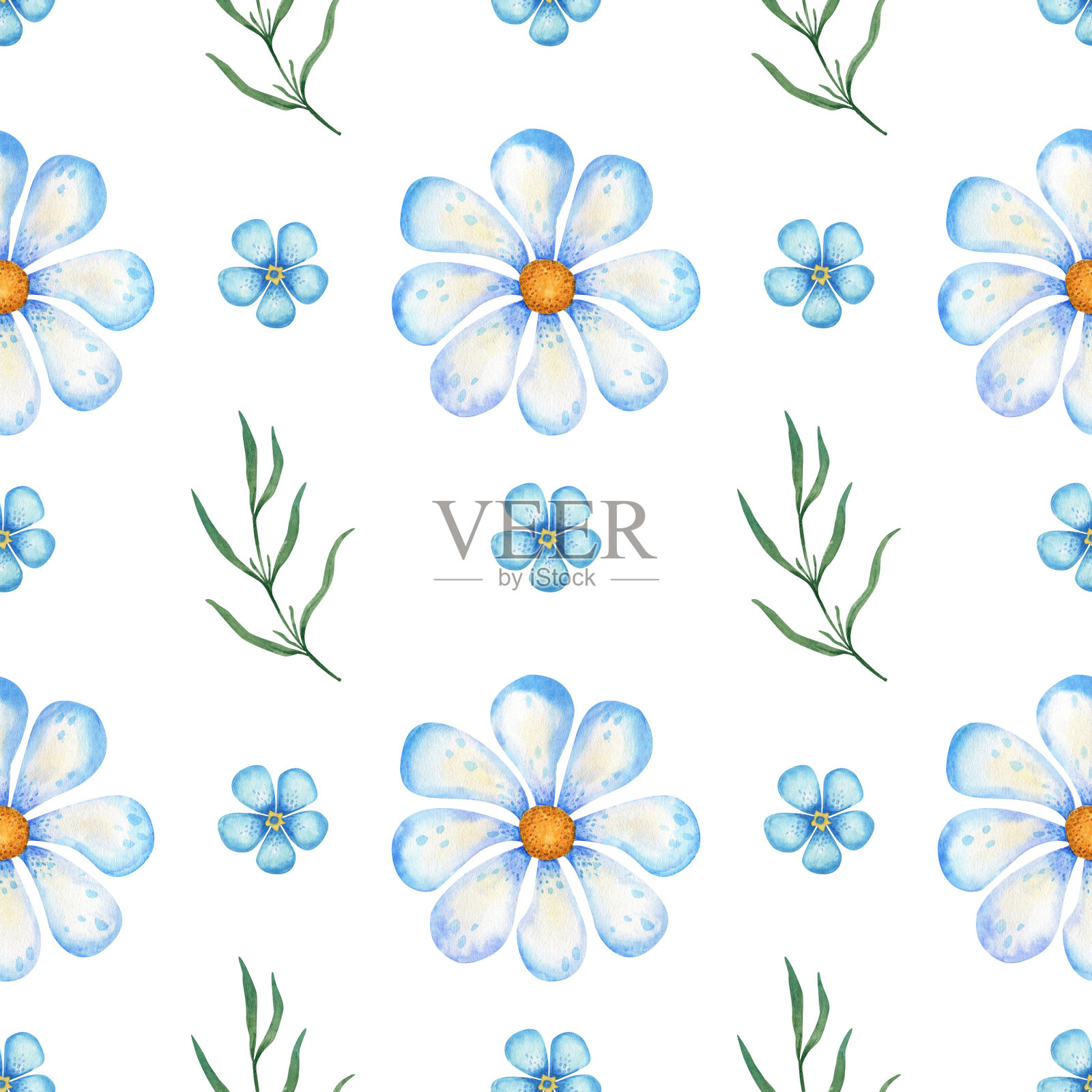 图案以雏菊、野花为主。水彩花卉图案在白色背景的织物，礼品纸插画图片素材