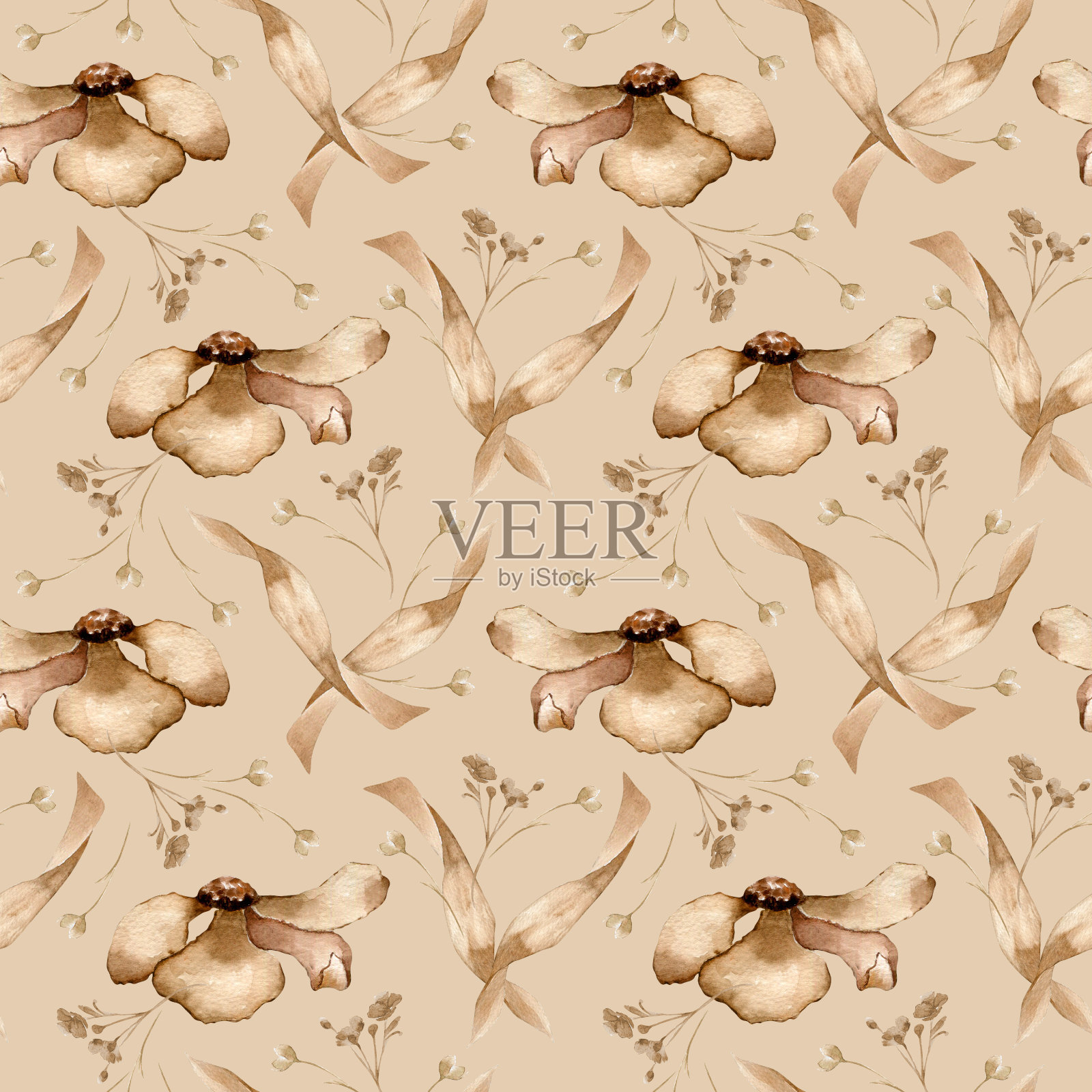 米色花叶水彩单色无缝图案。花驼色背景孤立在白色。工厂为设计棕褐色 色调的纺织品、包装。柔和色调的织物印花插画图片素材