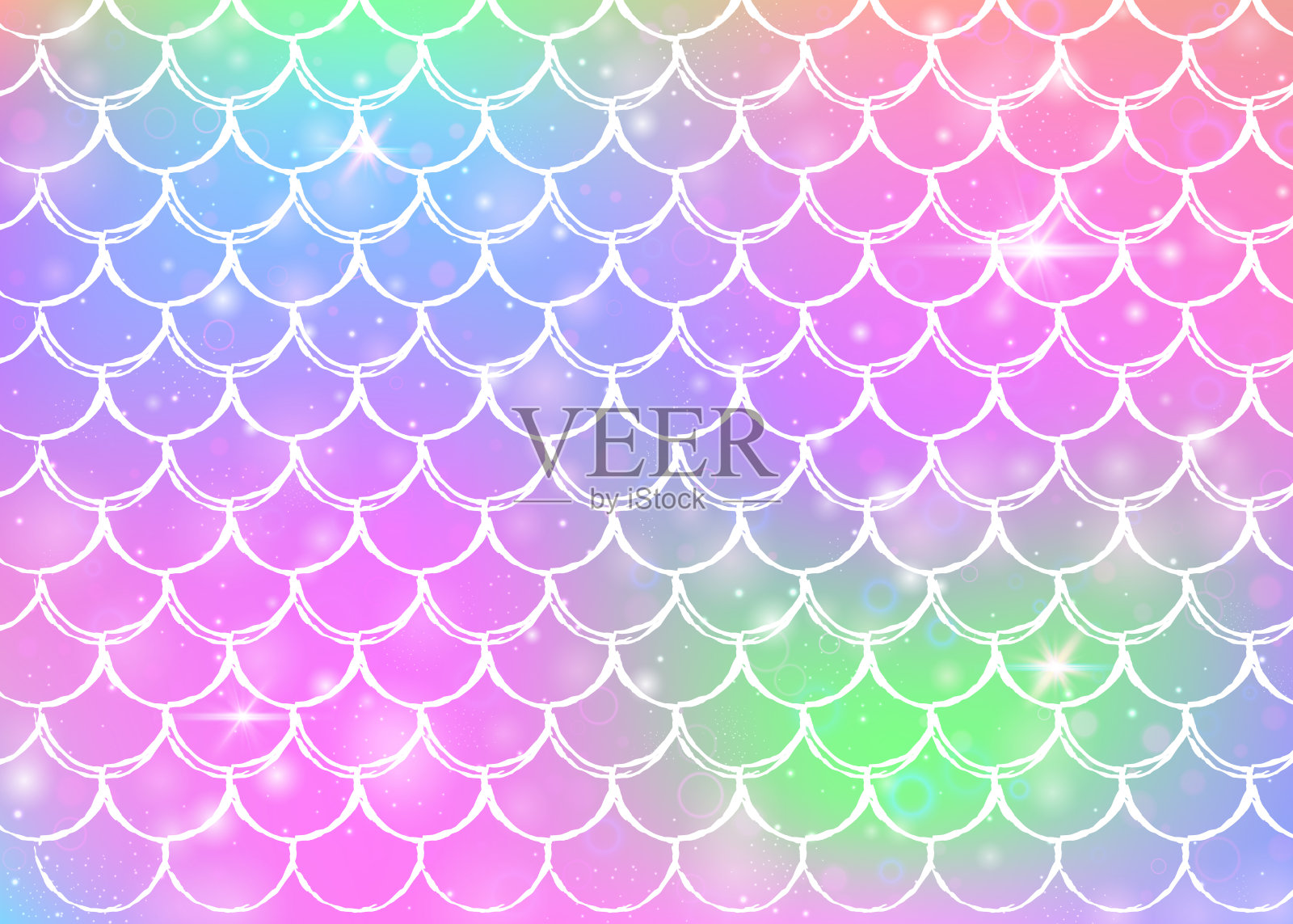 卡哇伊美人鱼背景与公主彩虹鳞片图案。插画图片素材