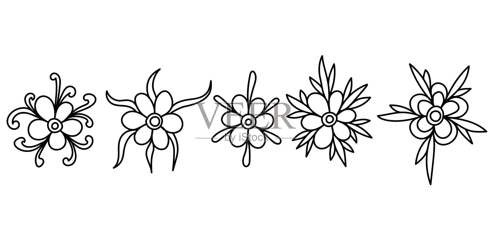 一套幻想的轮廓花，创造性的植物元素，创造一个着色页或设计插画图片素材