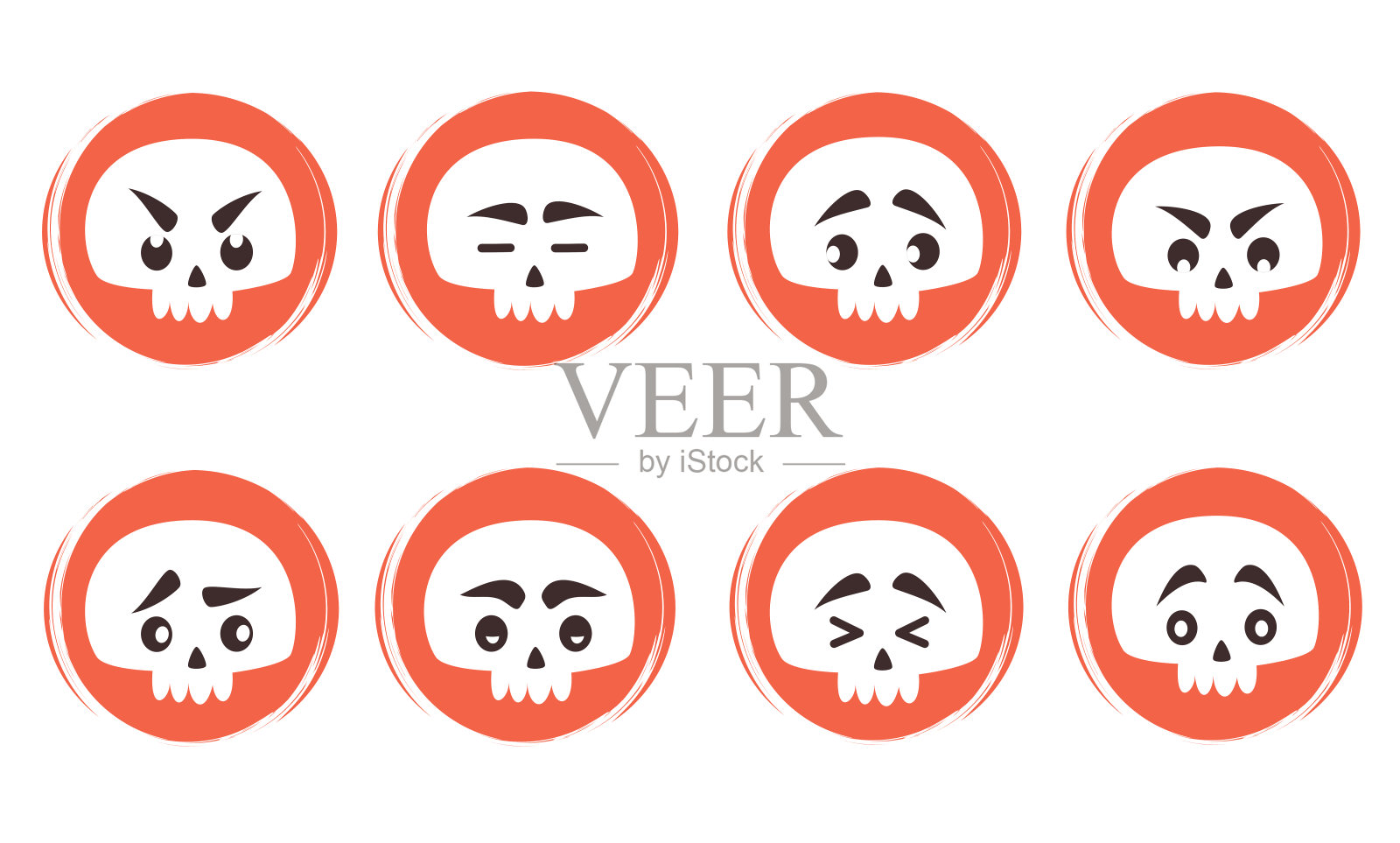 矢量集平面标志设计模板，图标和徽章的社交媒体与可爱的万圣节卡通人物头骨突出插画图片素材