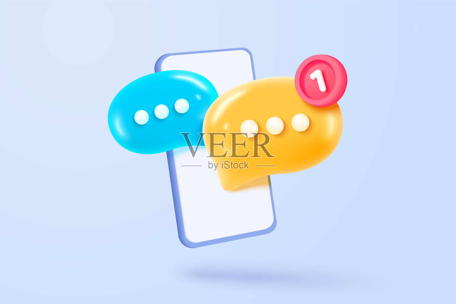 手机上的3D语音气泡带有提醒通知。评论3d或用户回复签名，提醒聊天消息推送在社交媒体上。3d语音图标矢量与阴影渲染插图插画图片素材