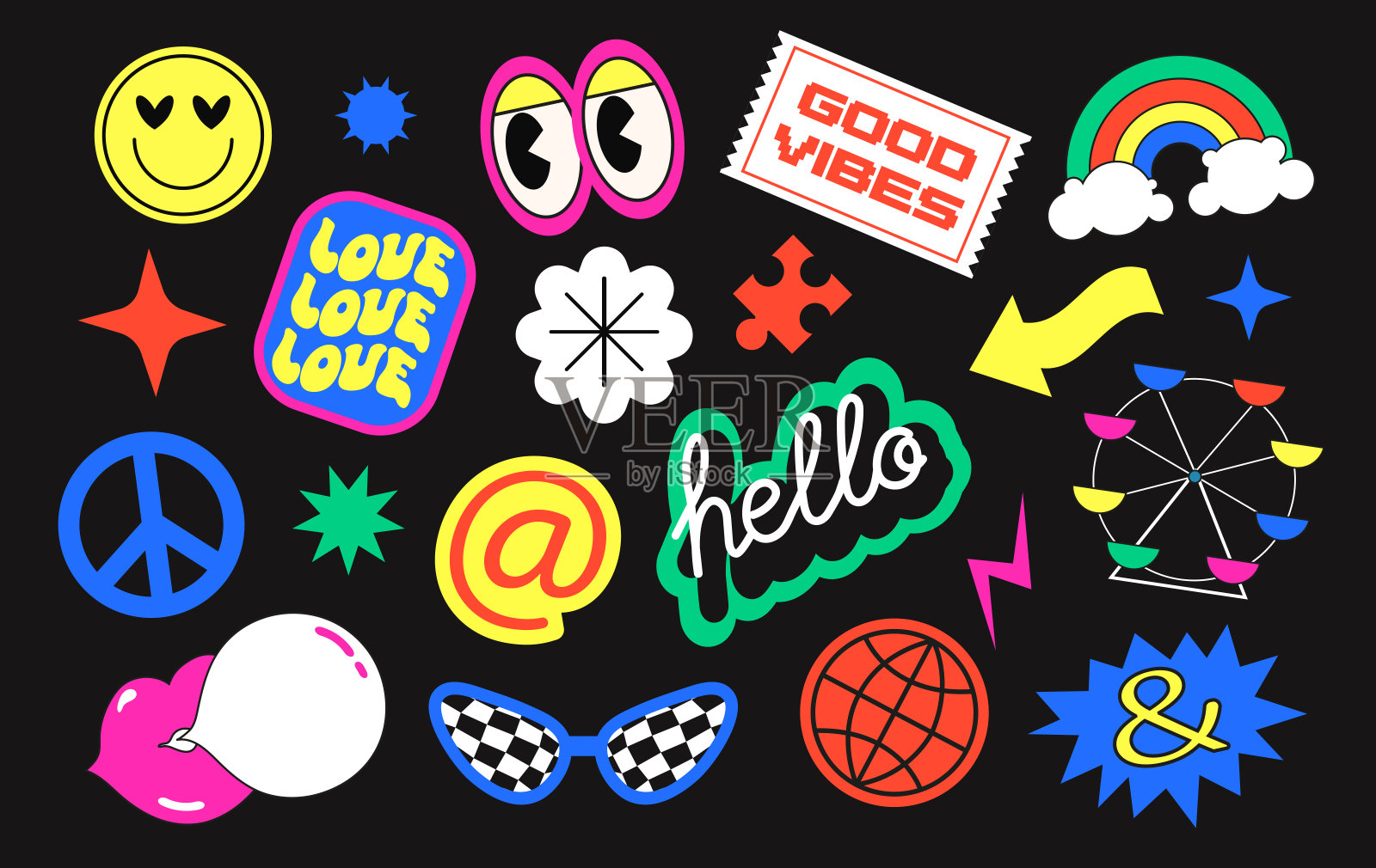 彩色矢量集，时尚的促销标签。收集各种贴片，标签，标签，贴纸，邮票用于购物和包装。收集时尚的复古贴纸卡通形状。有趣的漫画插画图片素材