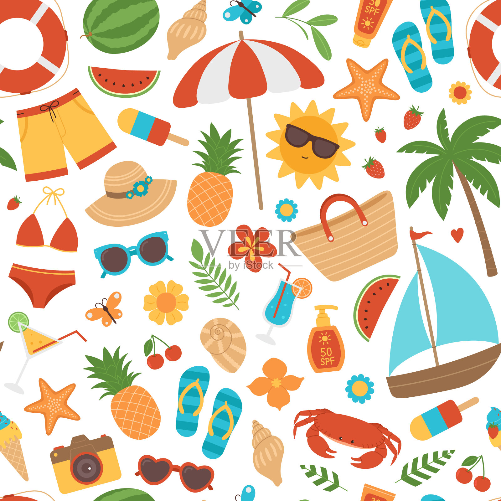 无缝图案与丰富多彩的夏季元素。沙滩背景有泳衣、帽子、太阳镜、棕榈、鸡尾酒、水果、冰淇淋等。热带度假，度假。矢量插图隔离在白色插画图片素材