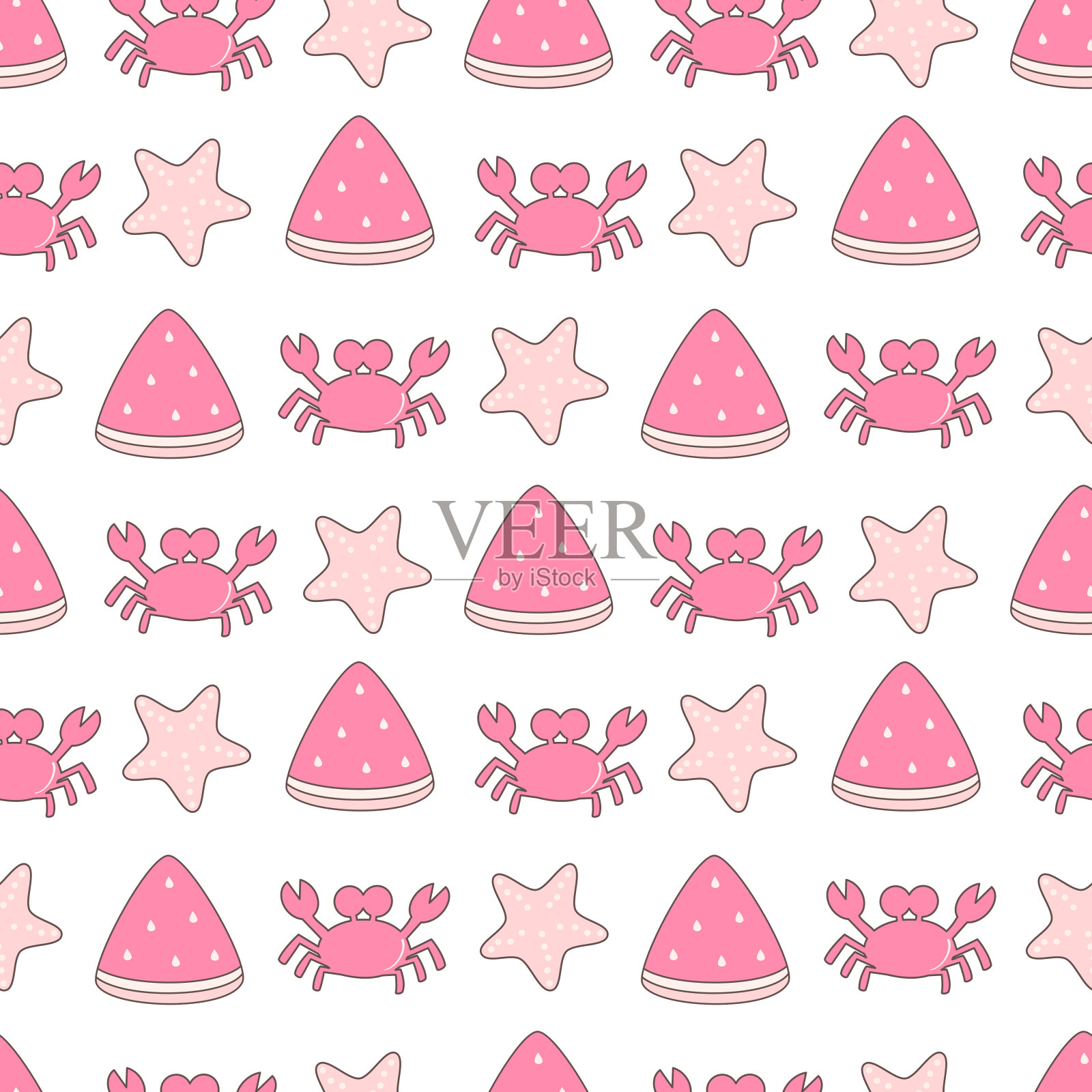 可爱的新鲜手绘夏天无缝矢量图案背景插图与粉红色西瓜片，螃蟹和海星插画图片素材