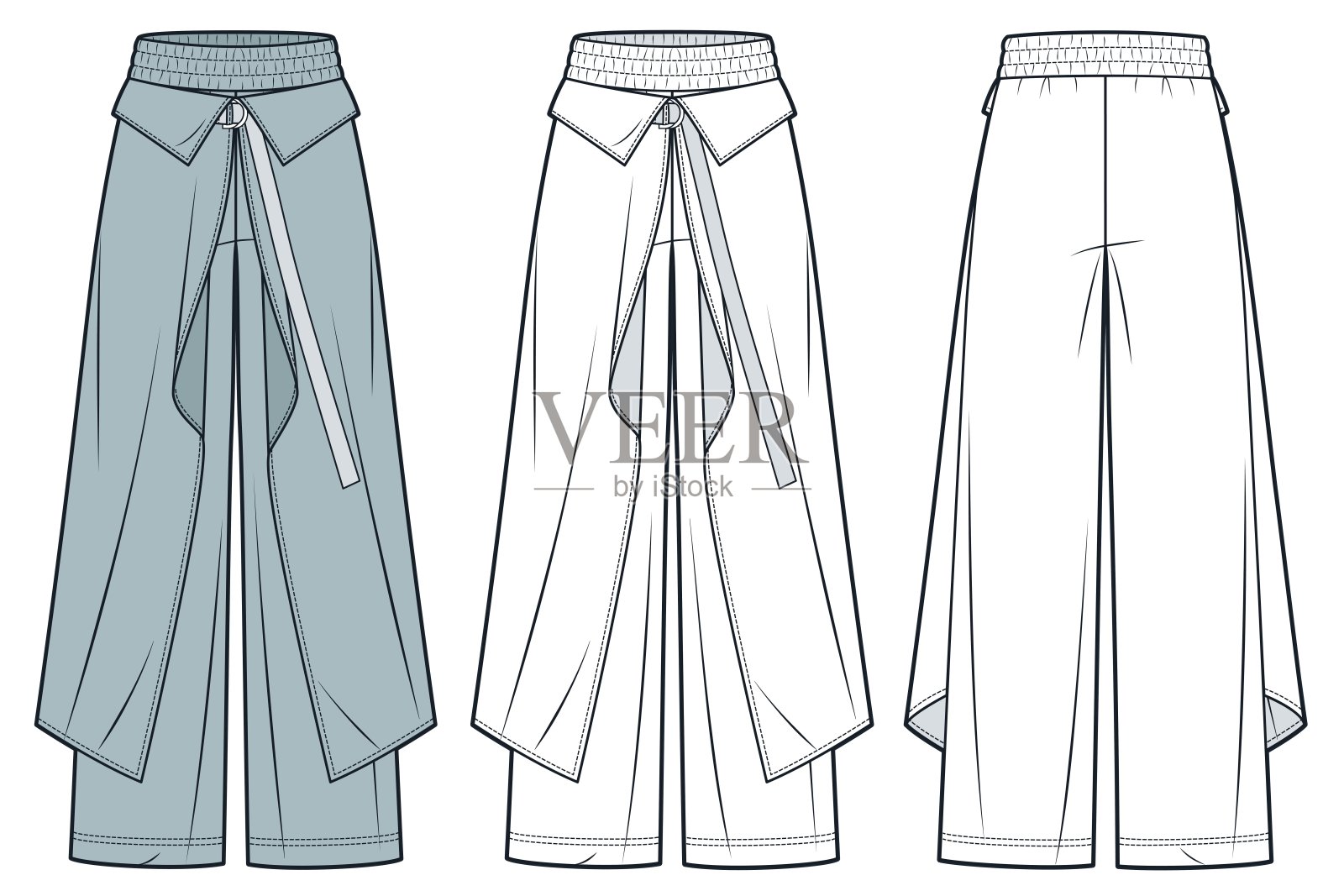 裹裤技术时尚插画。阔腿裤时尚平面技术图纸模板，宽松合身，松紧腰带，前后视图，白色，绿色，女，男，男女通用的CAD模型集。插画图片素材
