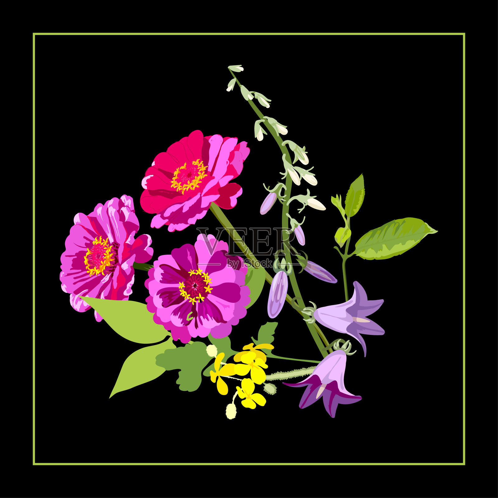 矢量花卉图案在一个正方形上的黑色背景花束不同的花桌布，围巾，头巾的设计插画图片素材