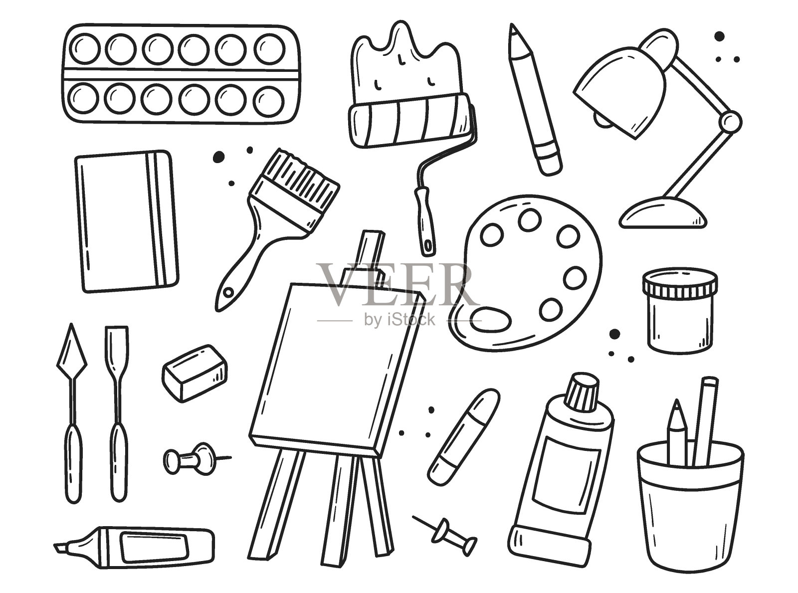 艺术家的一套工具。素描风格的美术用品。画架，画笔，颜料，铅笔。插画图片素材