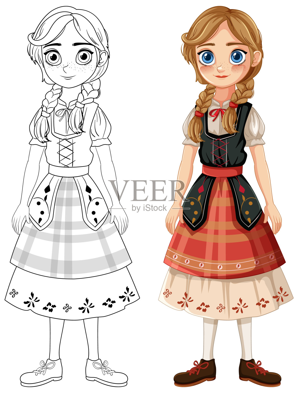 一个穿着传统服装扎着辫子的女孩插画图片素材