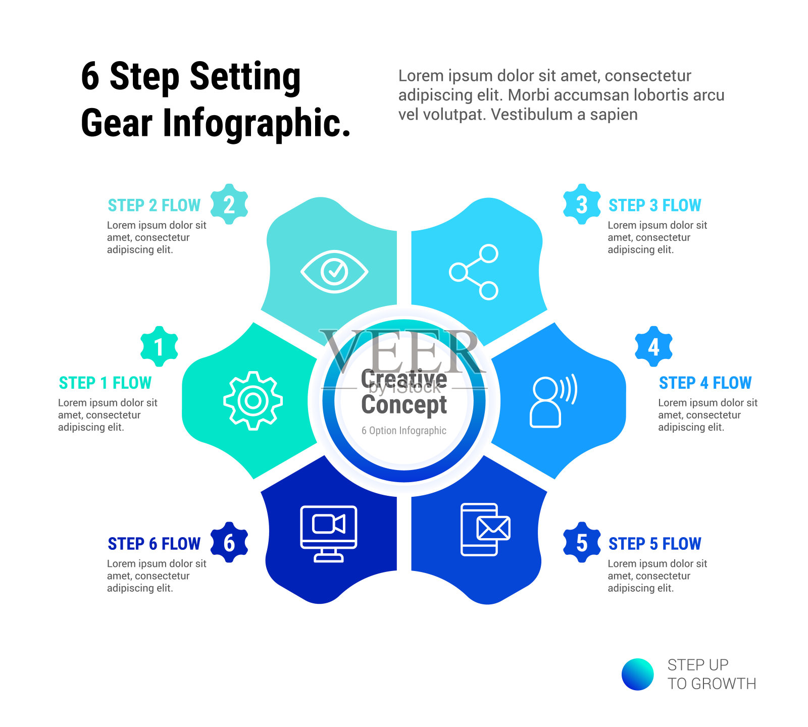 6步骤设置齿轮信息图模板，齿轮有六个要素。图表中带有图标和数字的部分。插画图片素材