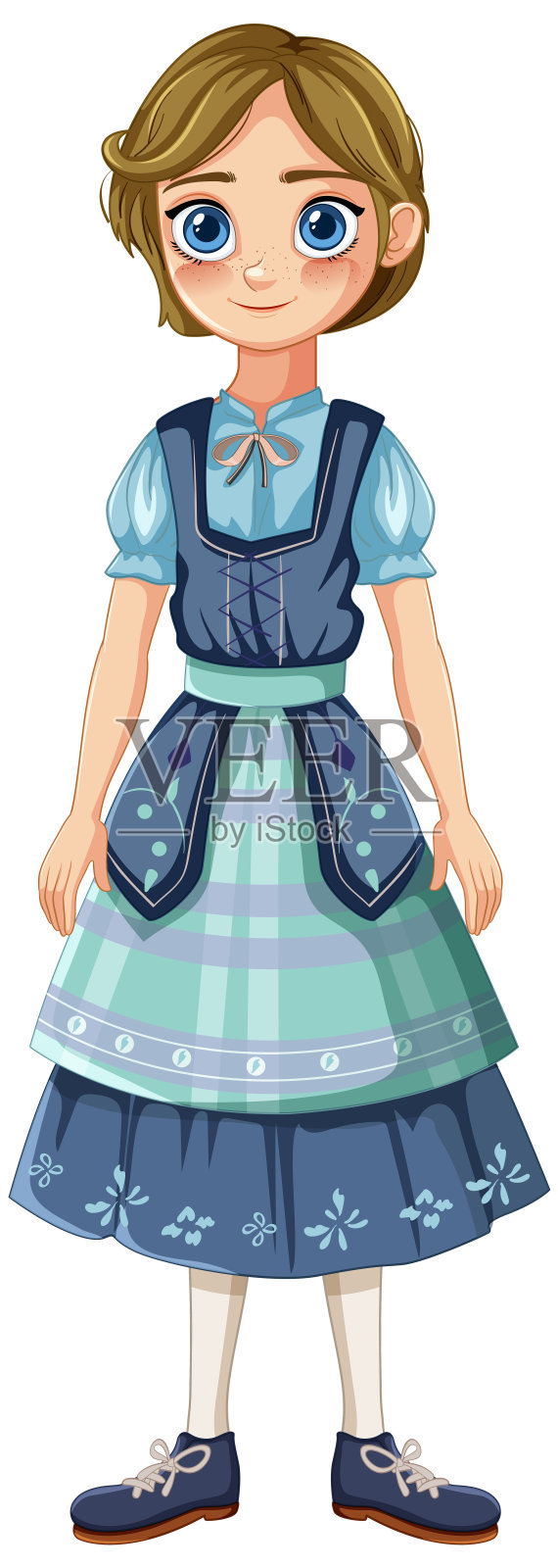 穿着五颜六色的传统服装的年轻女孩插画图片素材