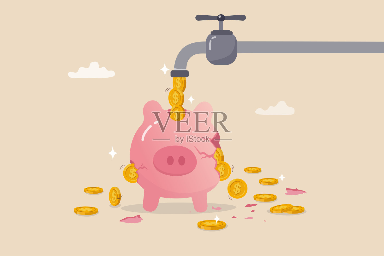 钱漏，超支或开支减少，财富或储蓄，费用或债务钱损失，破产或贫穷，消费观念，水龙头与钱的收入流入破裂泄漏的存钱罐。插画图片素材