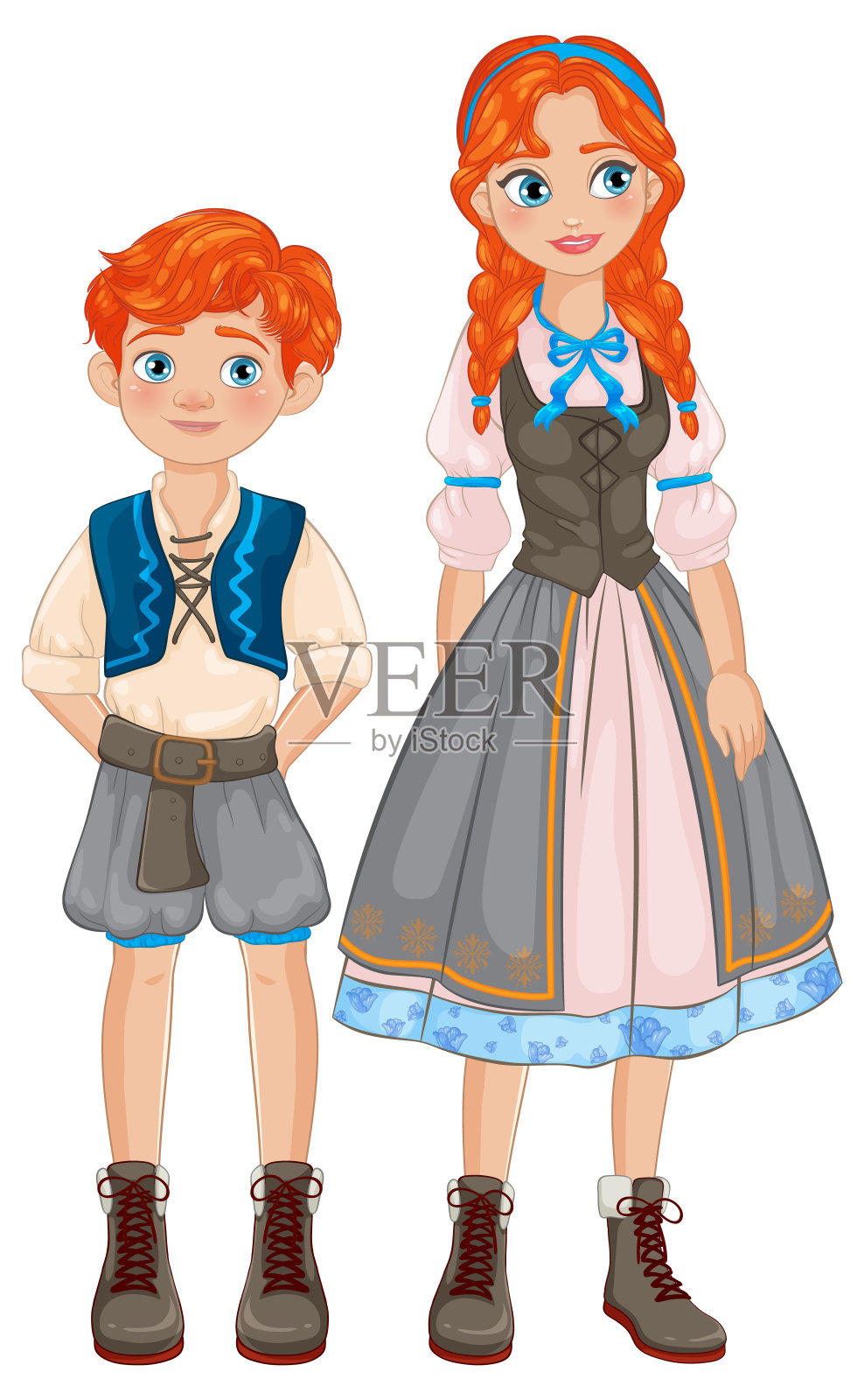 穿着传统服装的男孩和女孩插画图片素材