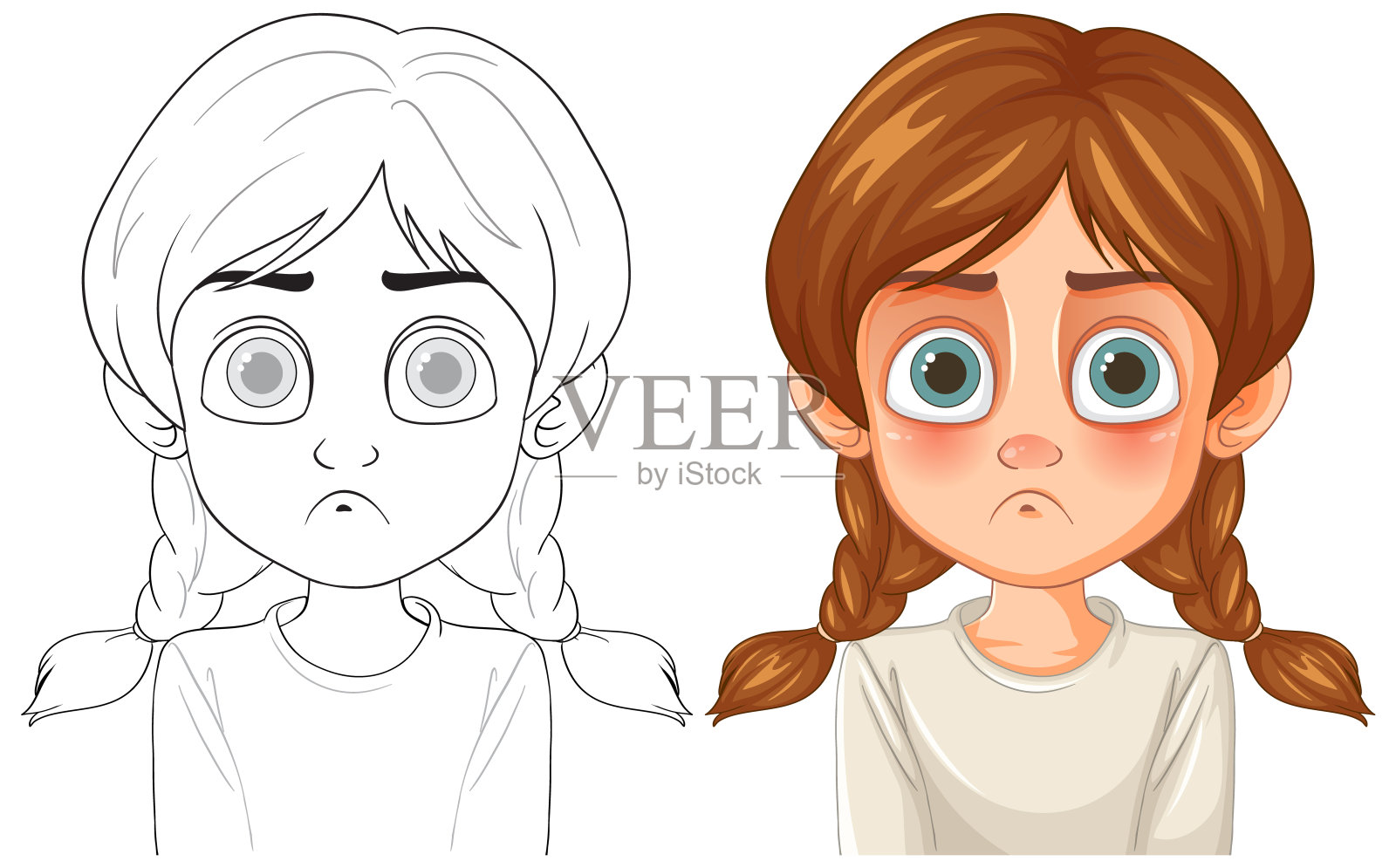 一个扎着辫子的悲伤女孩的插图插画图片素材