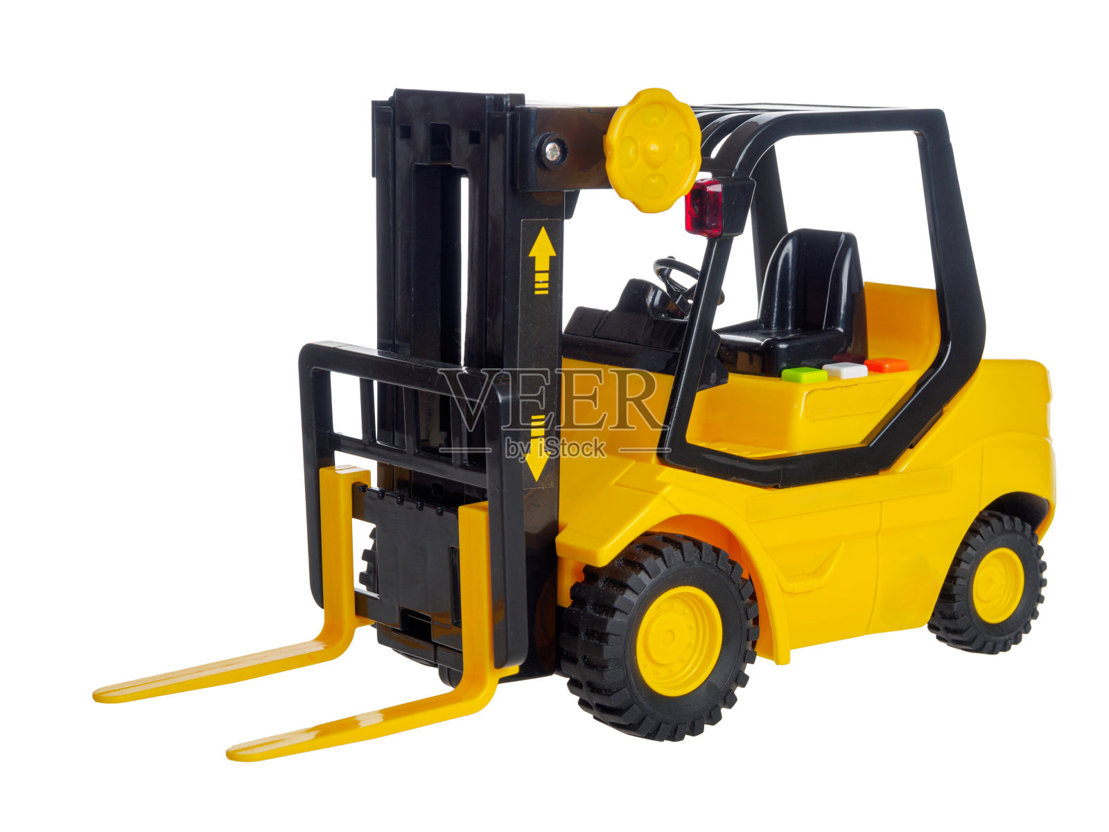 叉车，塑料玩具运输机，为儿童起重负荷，隔离在白色背景上照片摄影图片