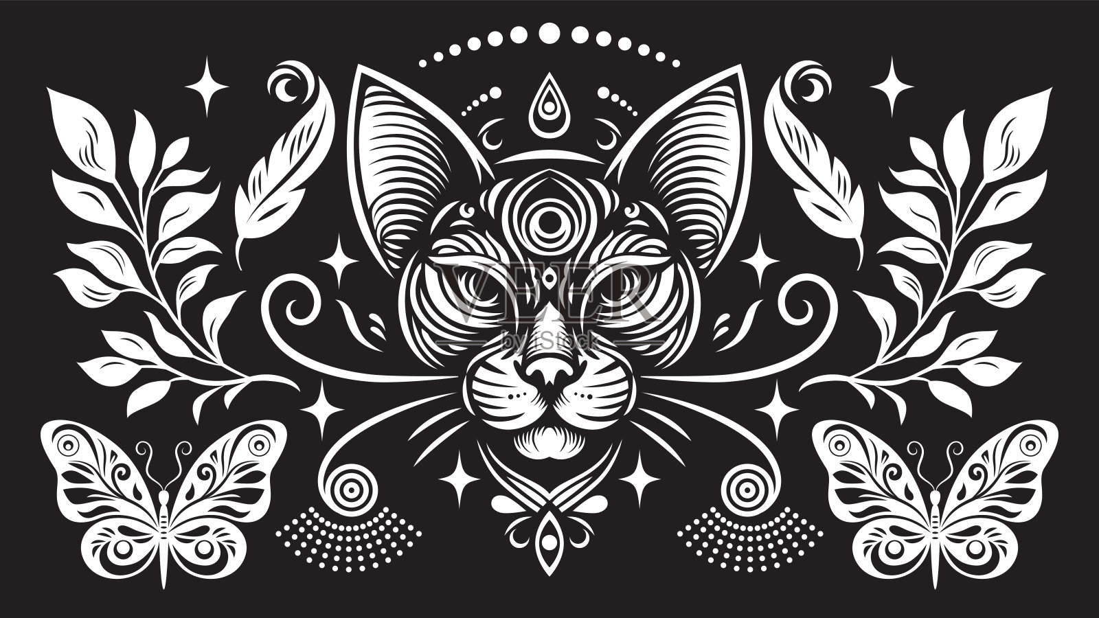 黑白插图的主题是神秘和深奥。猫的头部和装饰元素，横向横幅插画图片素材