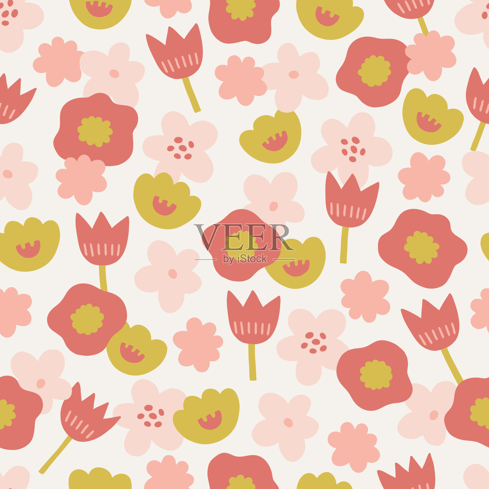 复古无缝图案与花和郁金香在白色的背景插画图片素材