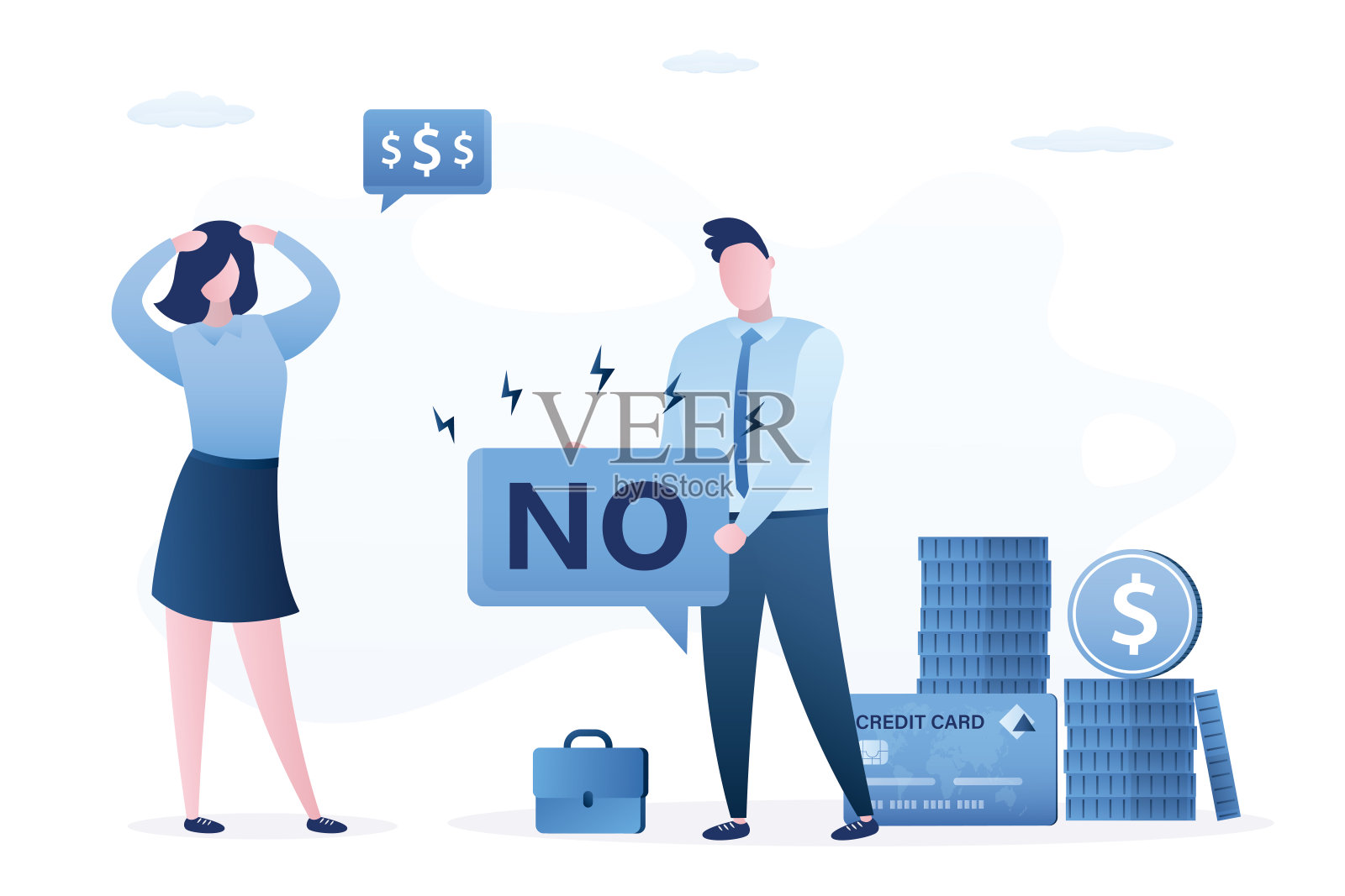 银行家拒绝贷款给妇女。禁止获得贷款，女商人得不到贷款，破产。银行拒绝再融资贷款，逾期债务。不可靠的借款人,插画图片素材