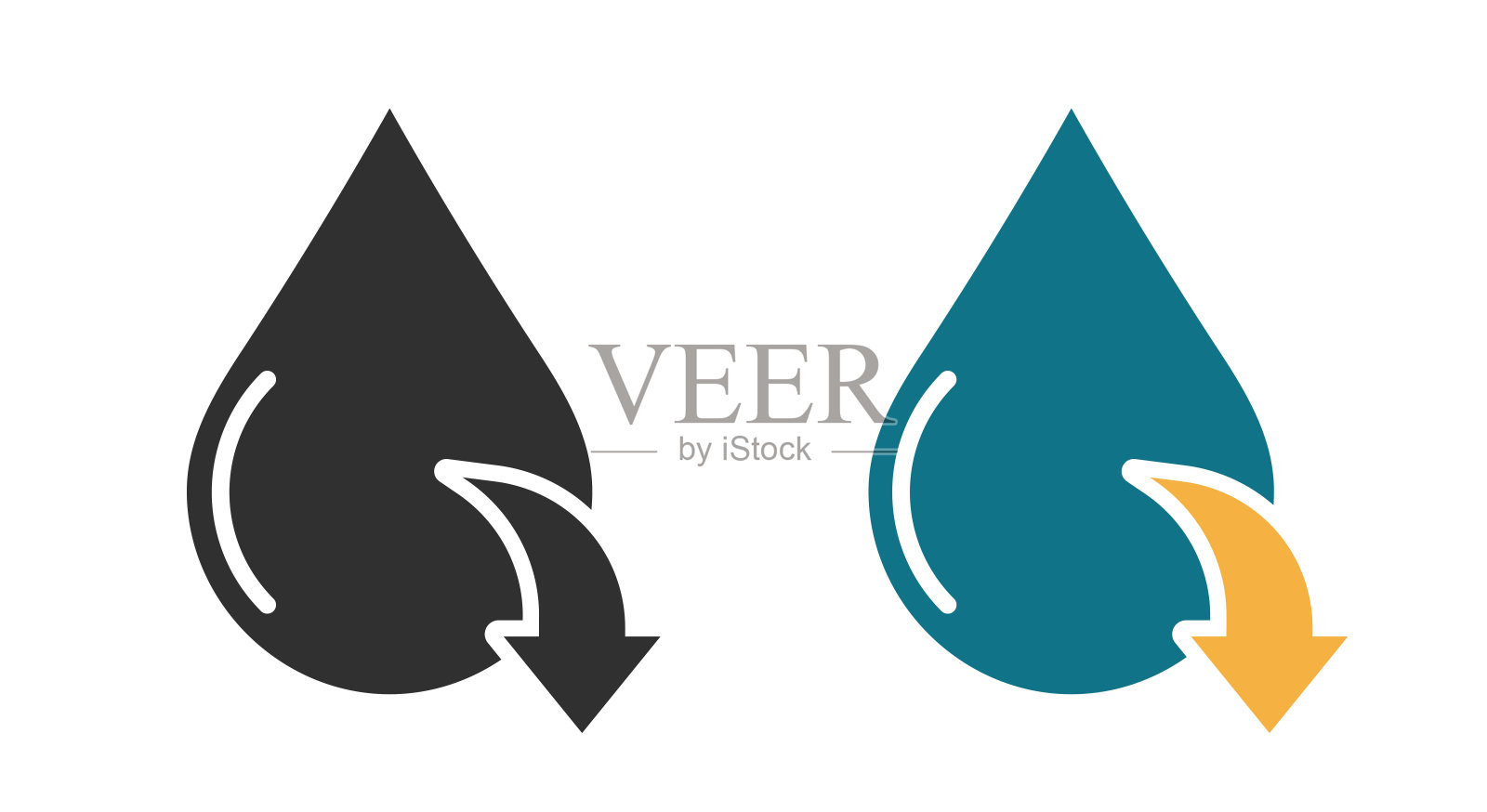 水滴低水位图标，水分减少箭头向下标志矢量图形简单象形设计集，干旱符号黑白蓝色平面卡通图像剪贴艺术插画图片素材