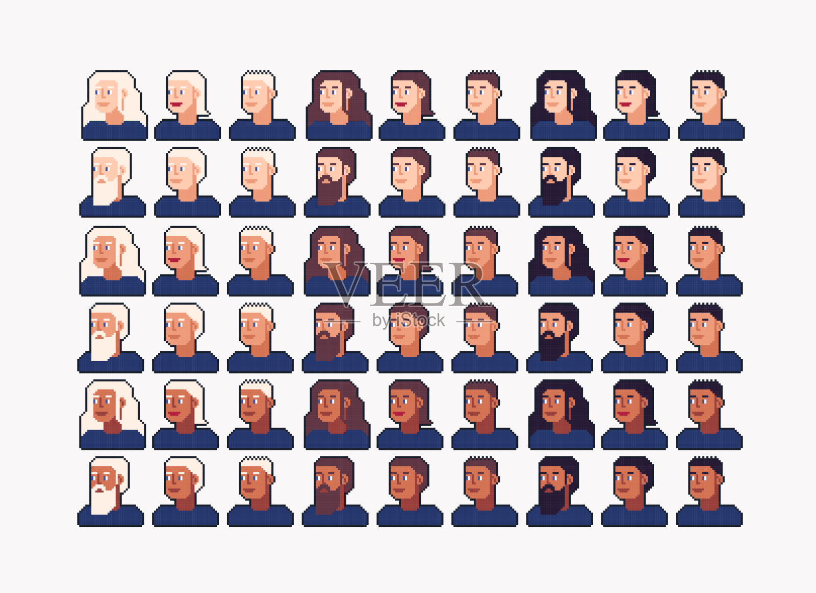 人脸像素艺术集。化身，男女用户头部具有不同的皮肤和发色。插画图片素材