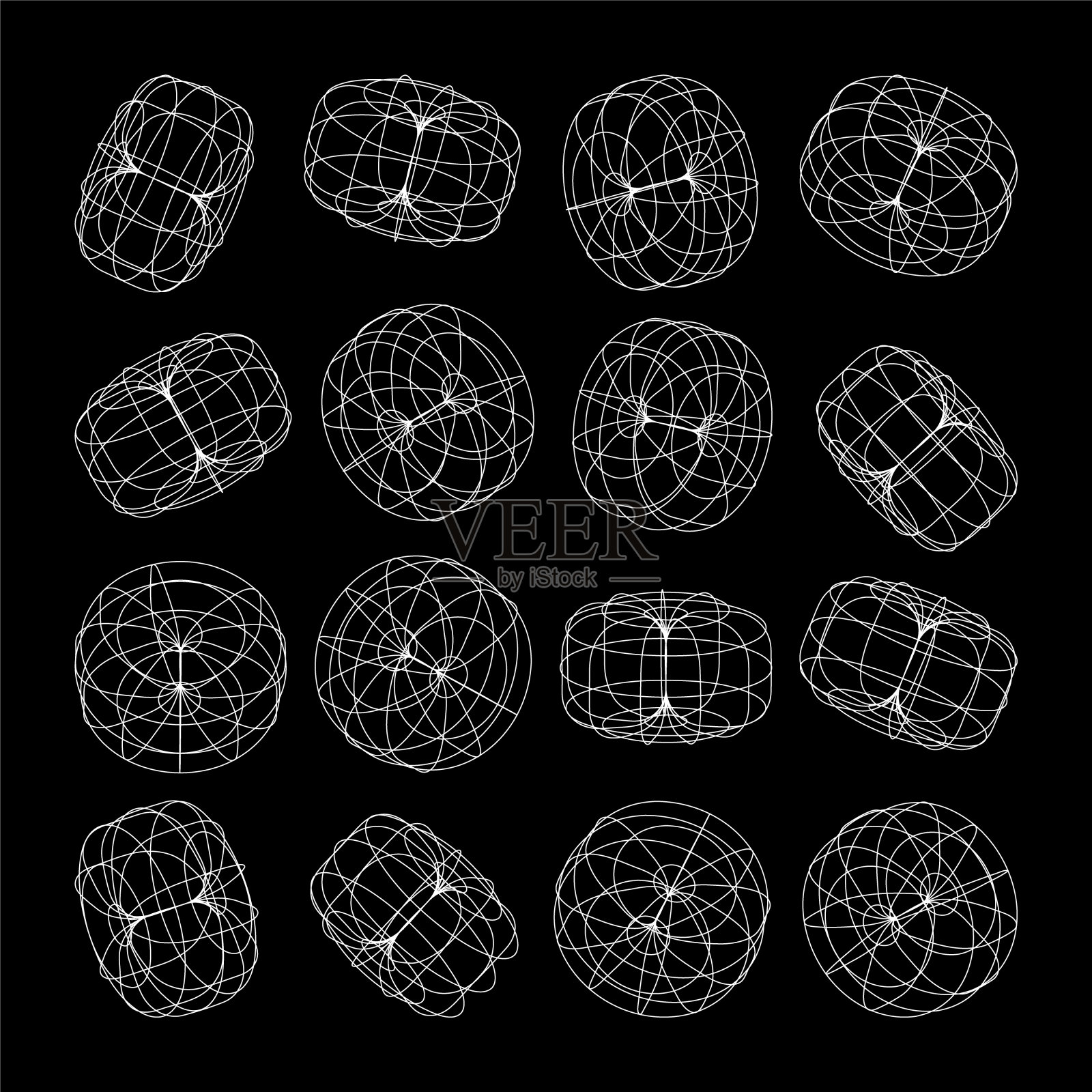 线框线条形状。透视网格，3d网格。低多边形几何元素。复古的未来主义设计元素，y2k，汽波和合成波风格。矢量图插画图片素材