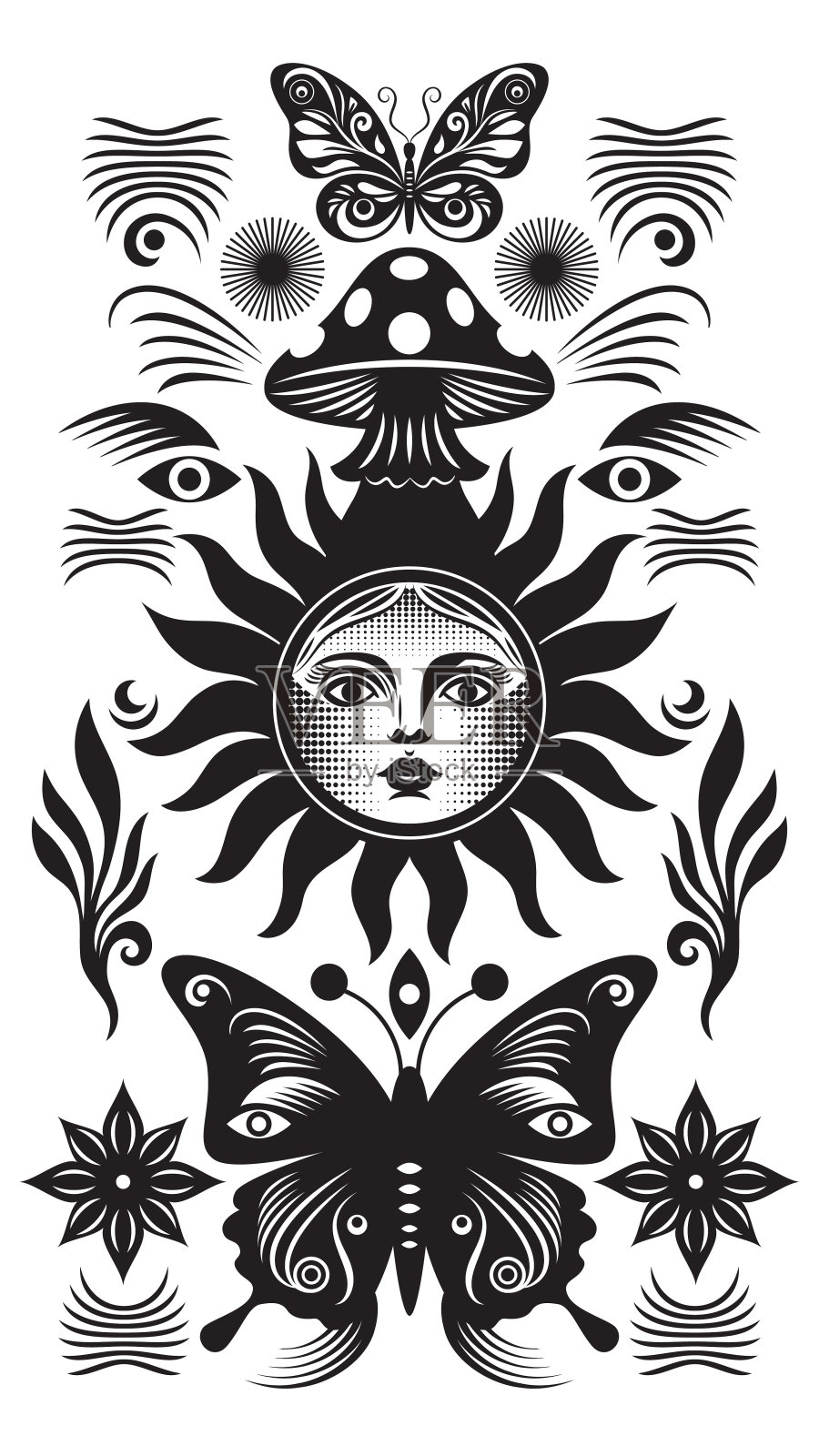 黑白插图的主题是神秘和深奥。蝴蝶与女人的脸和装饰元素插画图片素材