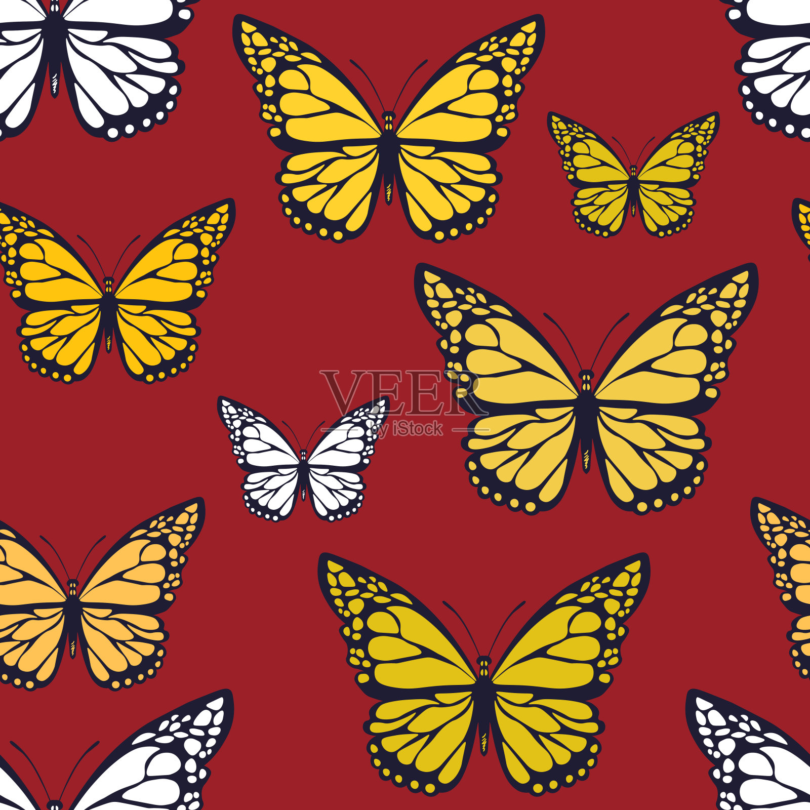 无缝图案与有趣的彩色蝴蝶，花朵。彩色平面矢量插图的邀请，海报，卡片，纺织品，织物。蝴蝶平面设计印刷。时尚动物图案壁纸插画图片素材