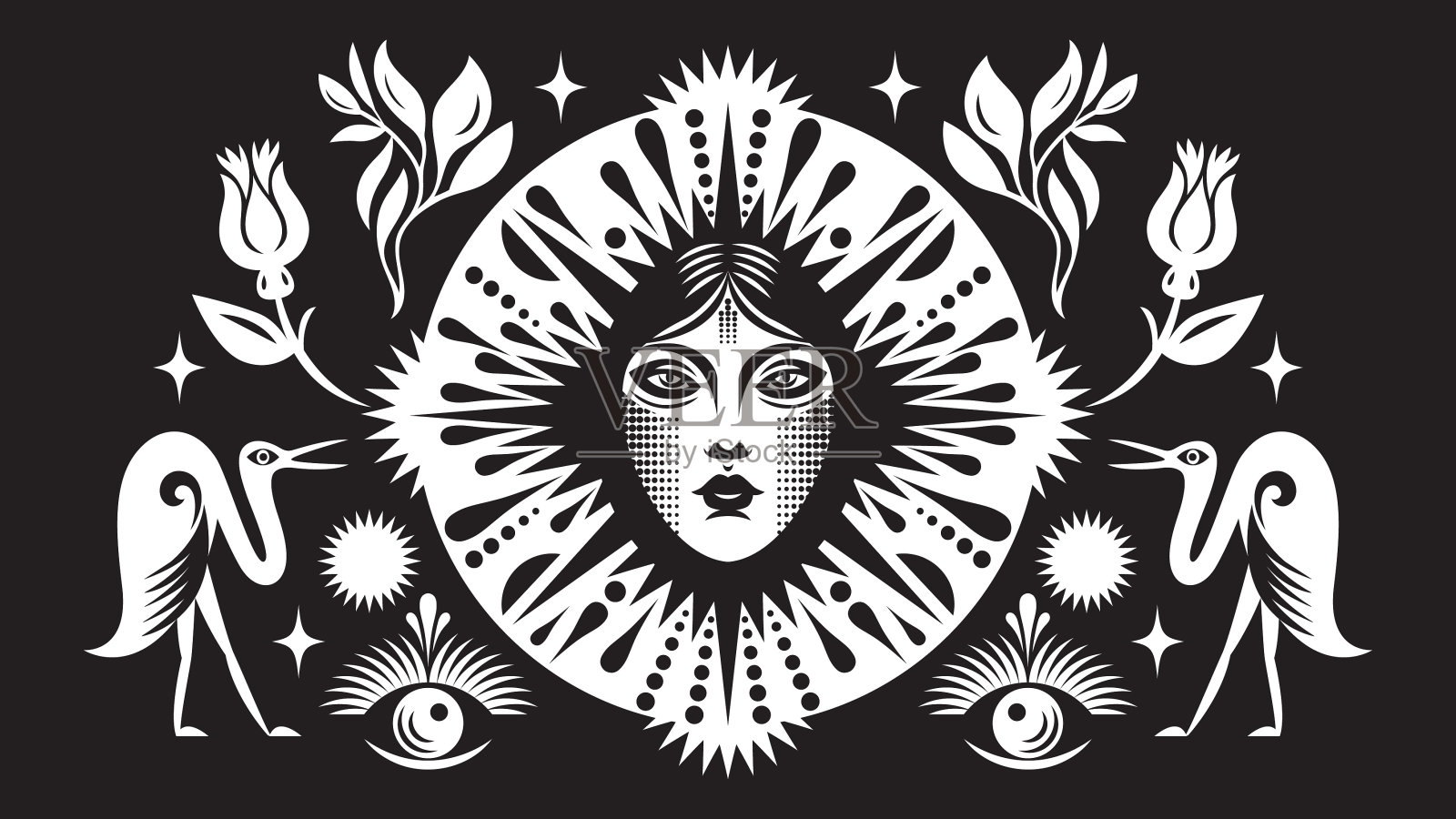 黑白横向插图，主题神秘而深奥。女人的脸和圆形装饰元素插画图片素材