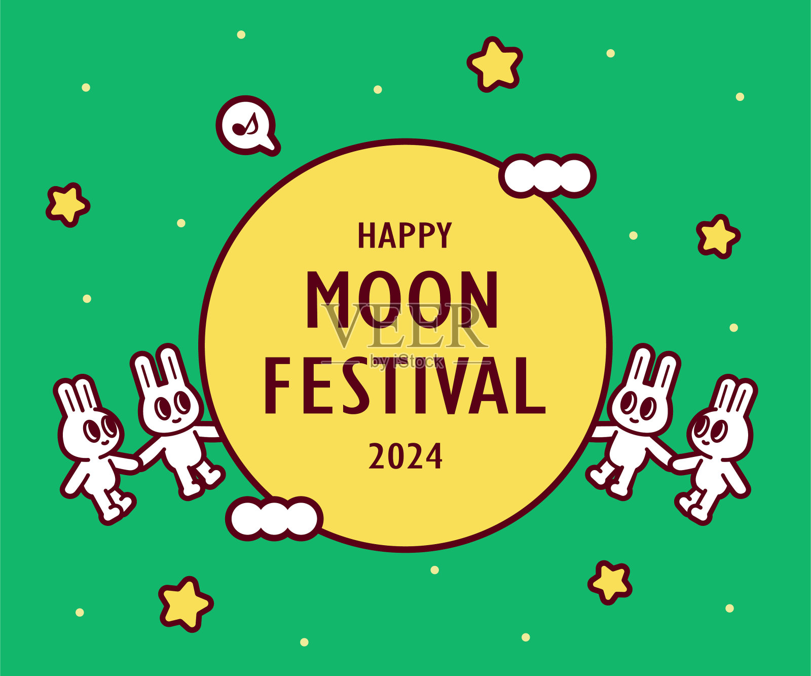 一群可爱的小兔子在圆月周围手拉手，祝大家中秋节快乐插画图片素材