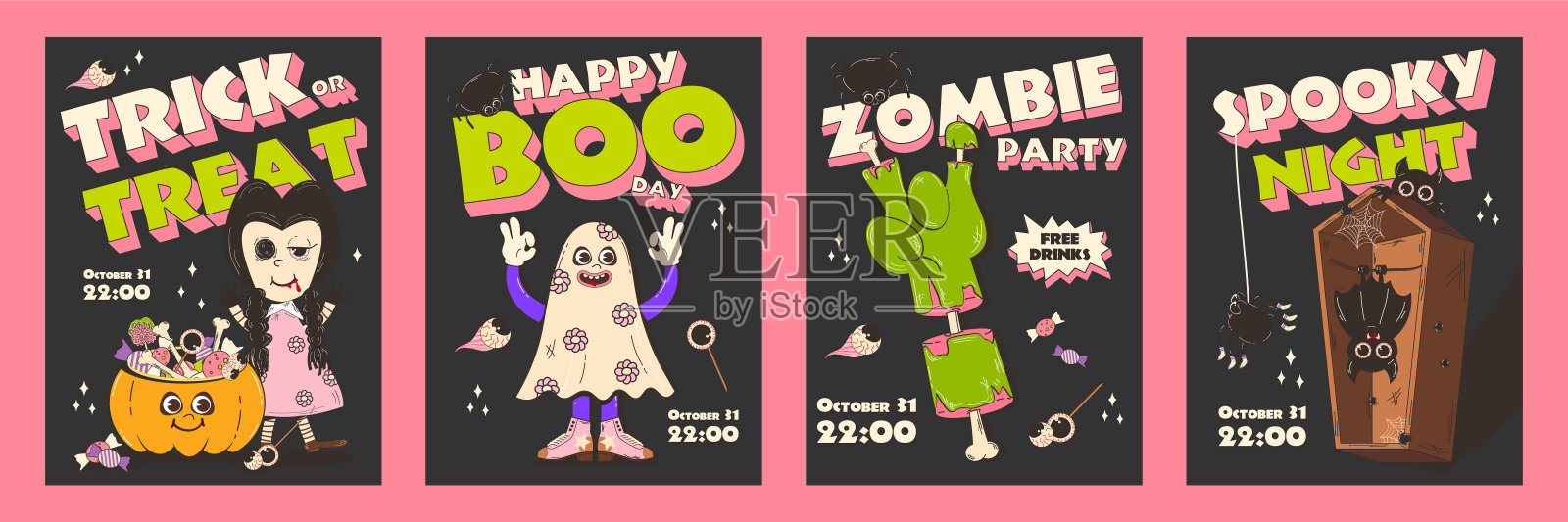 垂直万圣节海报的集合。新潮的复古风格和70 -80年代有趣的人物。古怪的鬼角色。有趣的矢量海报设置明信片，传单万圣节派对邀请。插画图片素材
