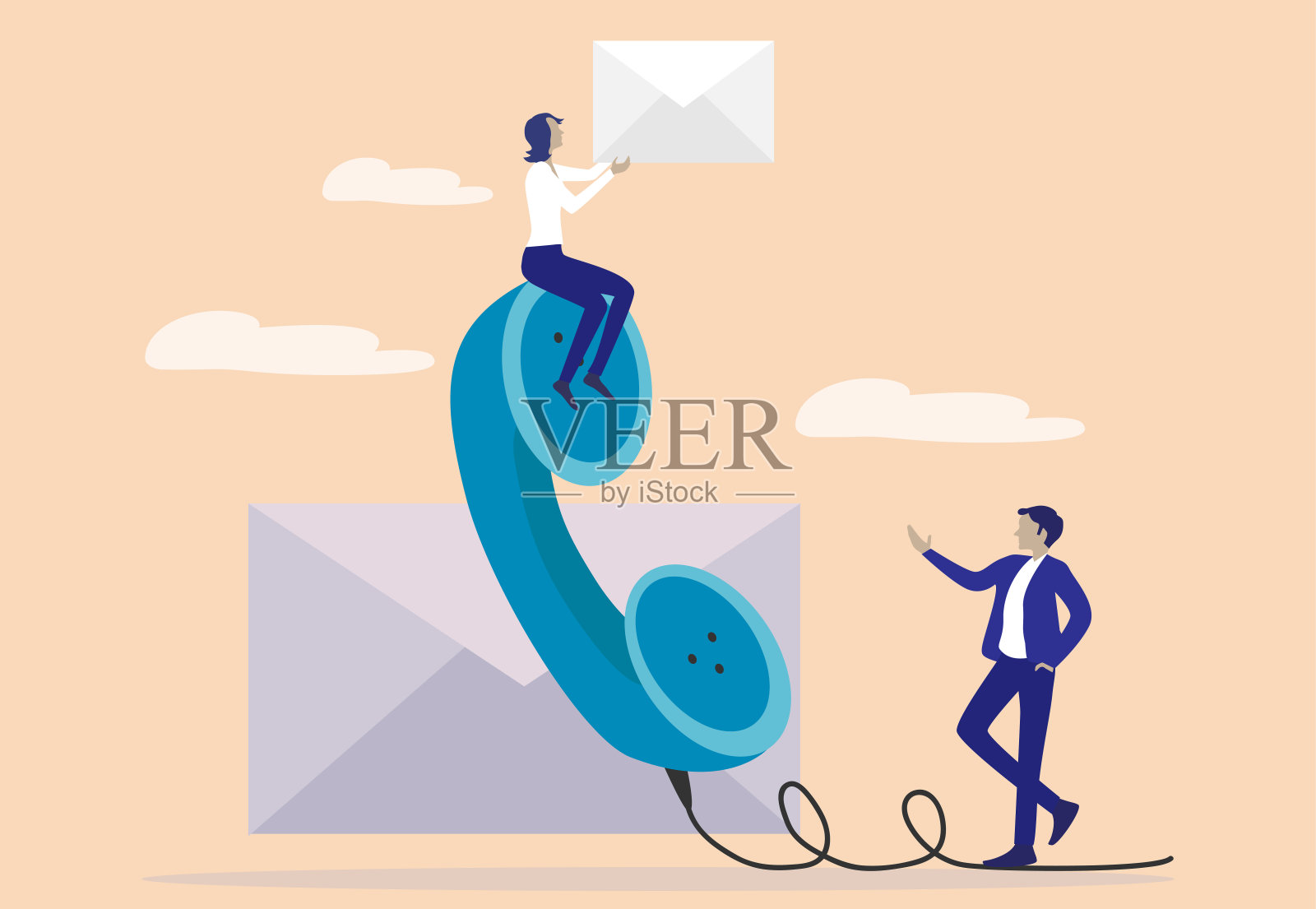 联系我们的支持，作为客户服务电话或电子邮件微小的人的概念插画图片素材