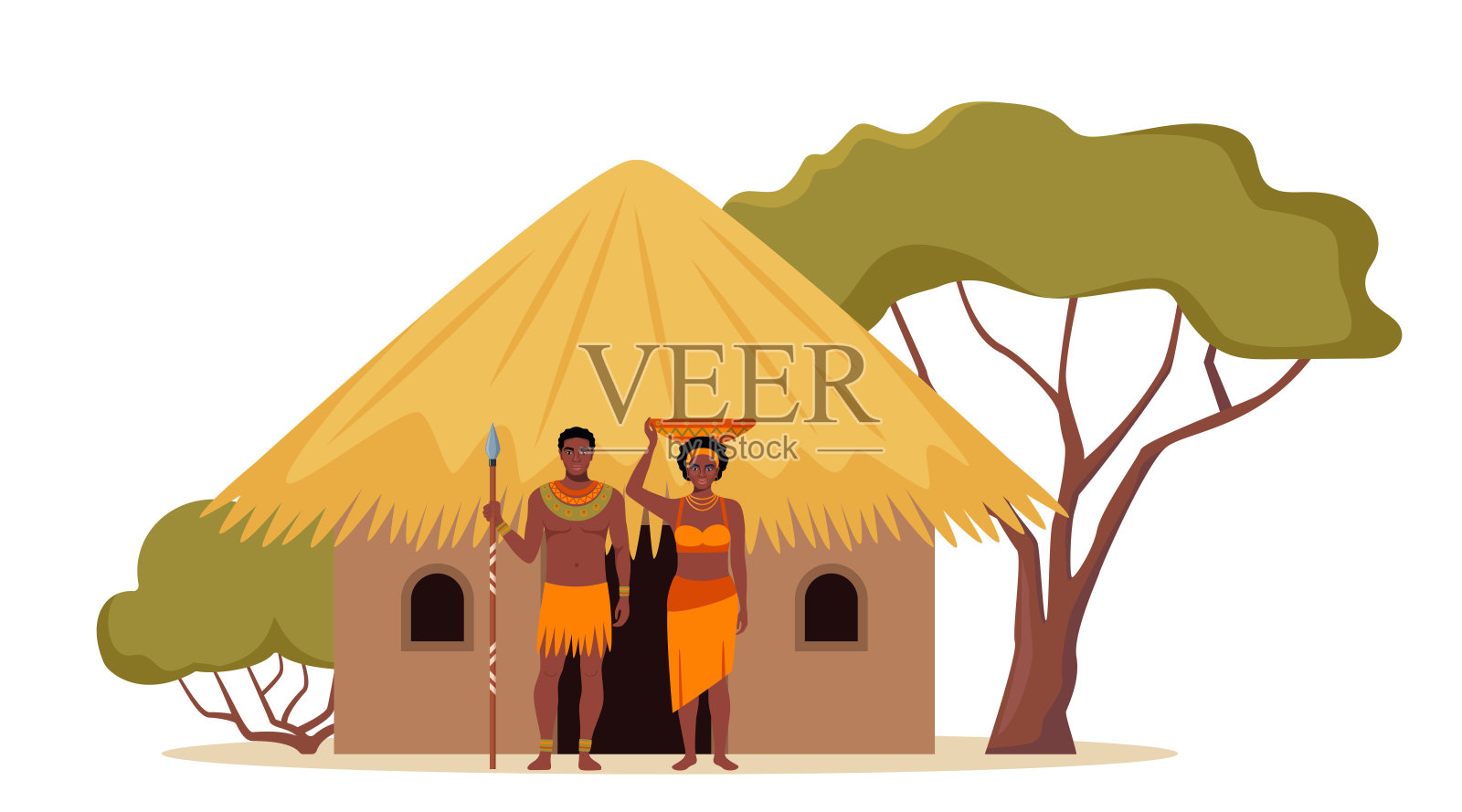 非洲的部落民族。非洲妇女手持水壶，身穿部落传统服装，站在村庄的民族茅屋旁，非洲乡村风光。矢量插图。插画图片素材