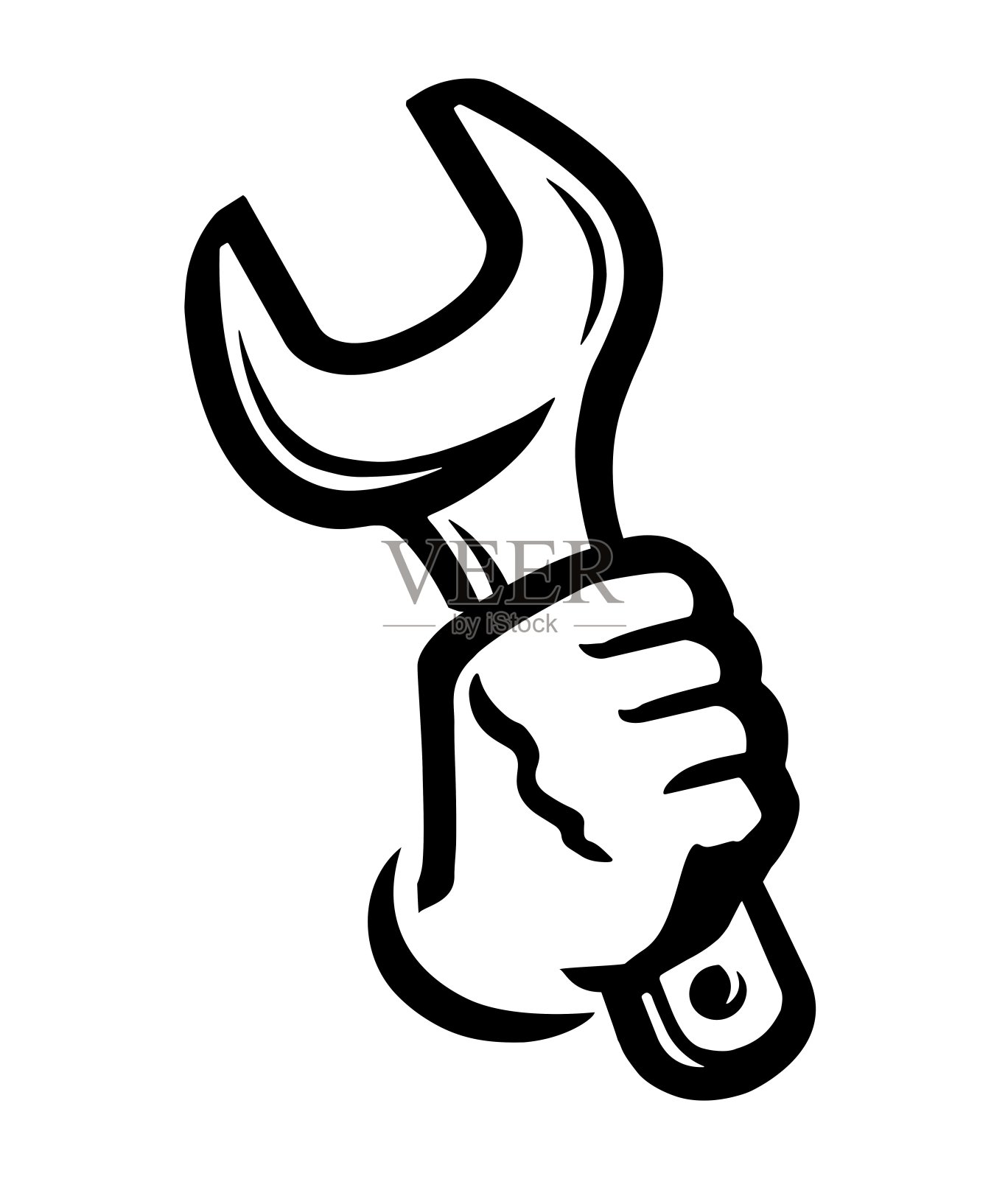 扳手在手图标。工作工具和拳头符号。矢量图插画图片素材