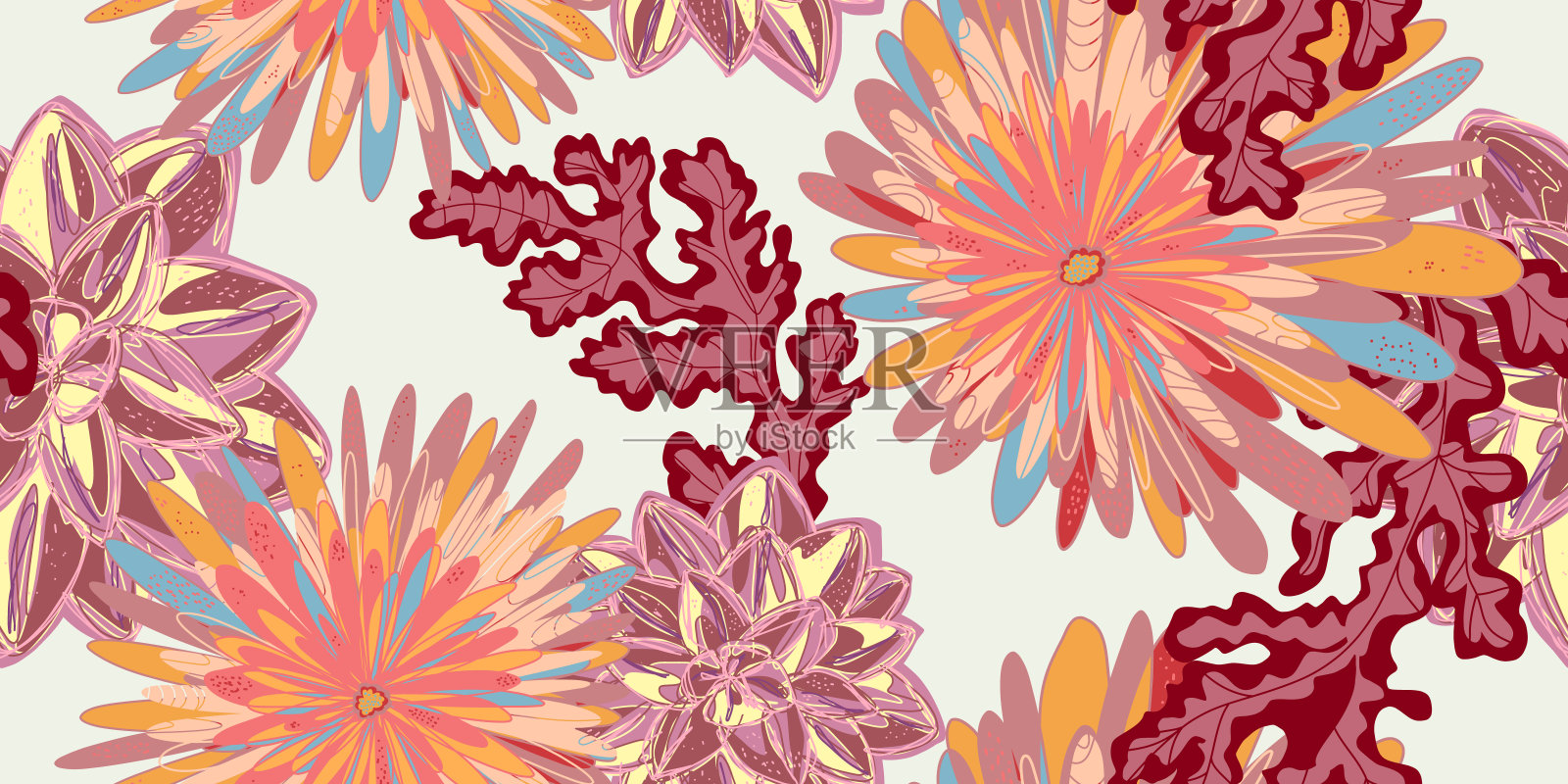幻想风格化盛开的花卉图案与菊花，无缝无尽的矢量关系与重叠的图案插画图片素材