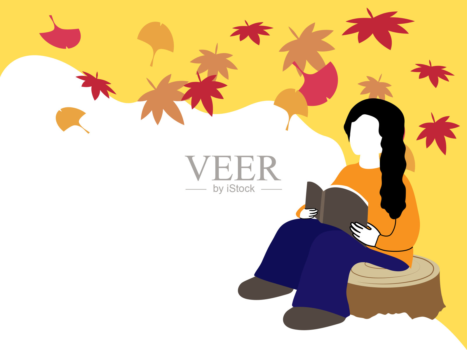 她正在一片秋叶林中看书插画图片素材