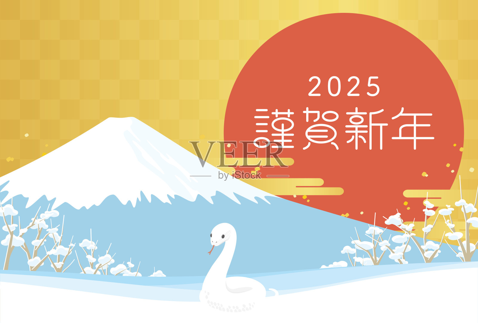 2025日本新年贺卡模板。明信片模板与富士山，白蛇和第一次日出的一年。插画图片素材