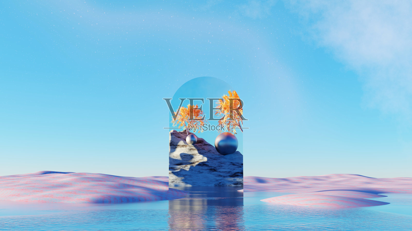 超现实的拱形镜面玻璃反射山与金色的树和金属球在湖和柔和的沙丘背景。照片摄影图片